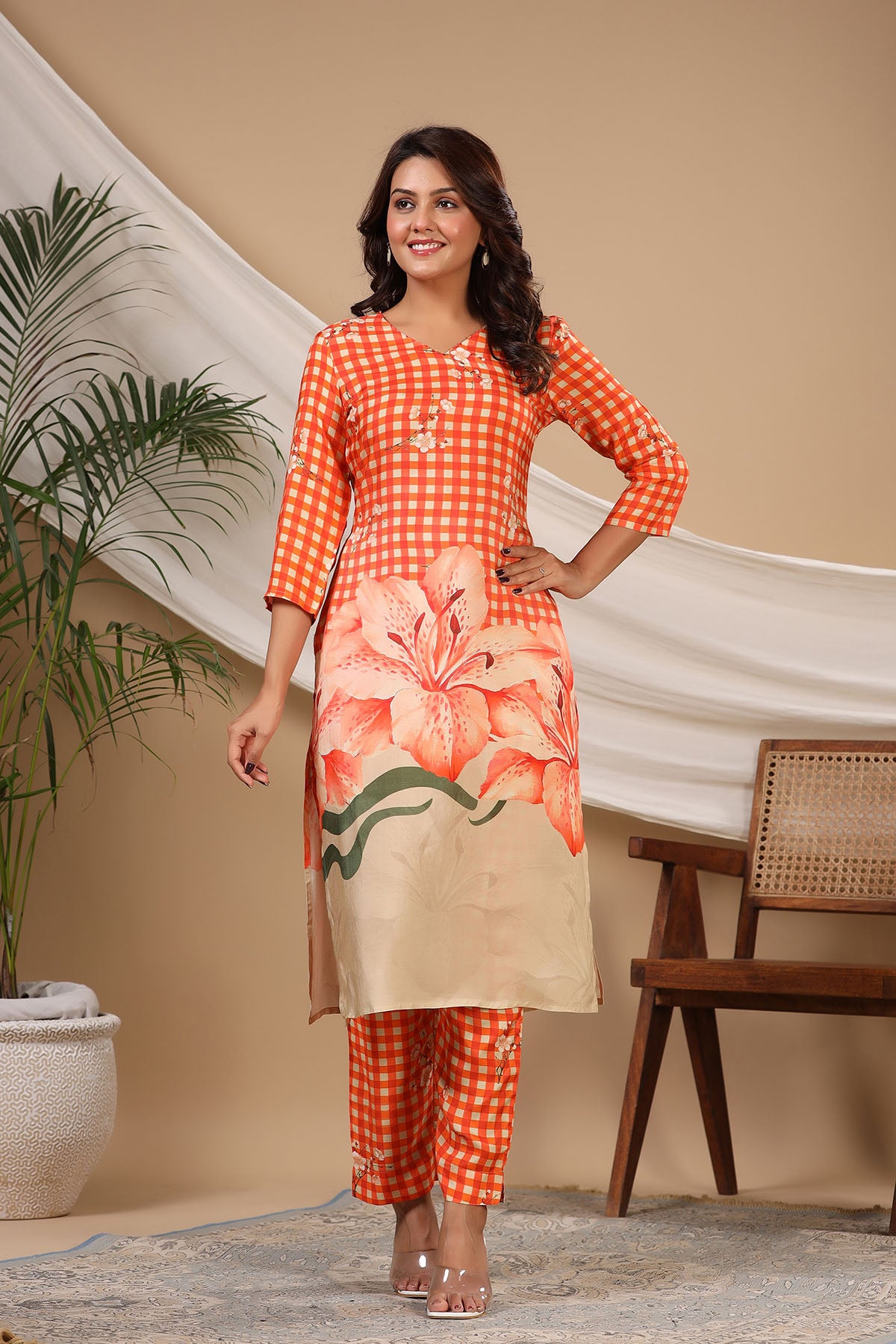Orange Floral Muslin Printed Co-ord Set