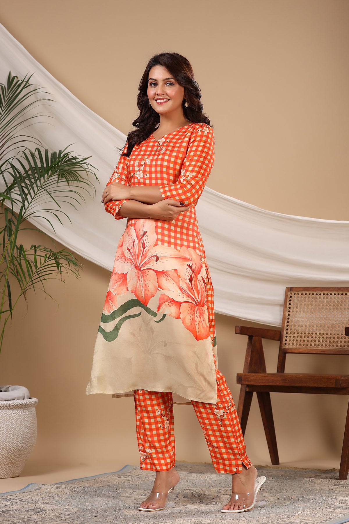 Orange Floral Muslin Printed Co-ord Set