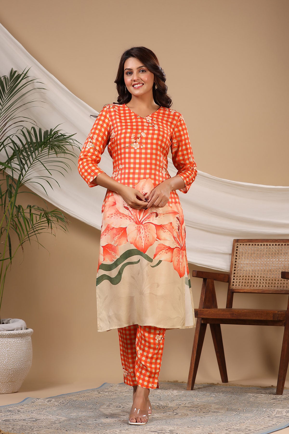 Orange Floral Muslin Printed Co-ord Set