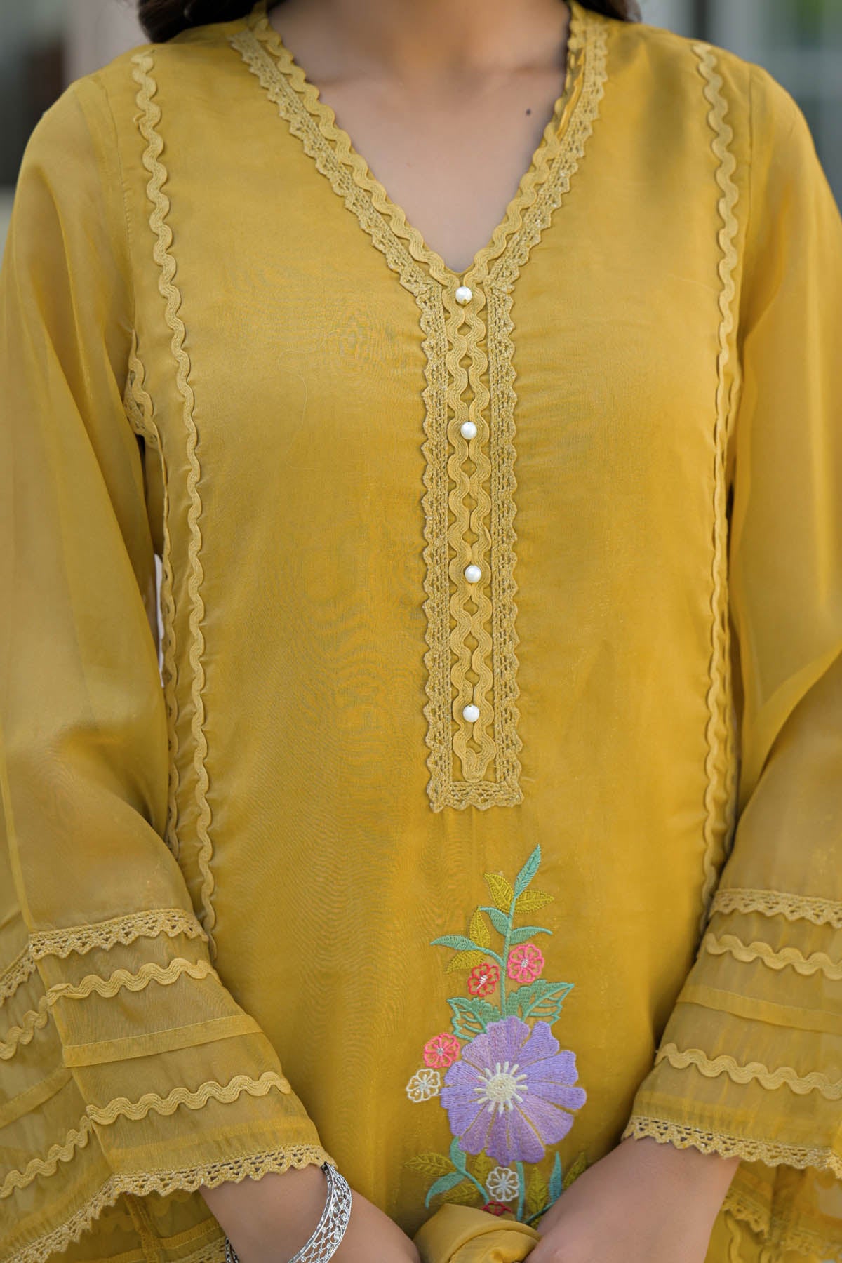 Yellow Organza Embroidered Straight Cut Suit Set