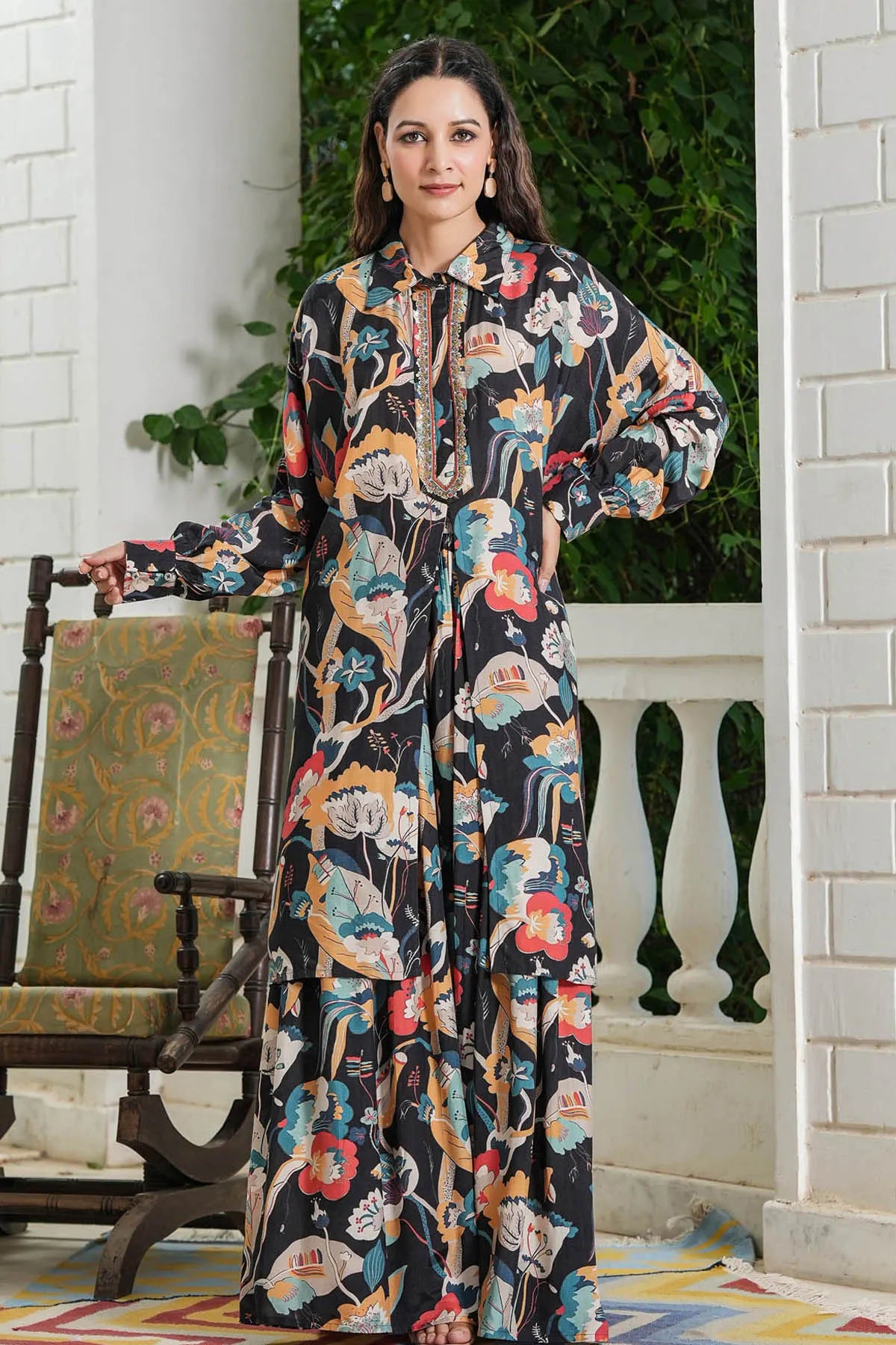 Black Floral Muslin Handwork Co-Ord Set