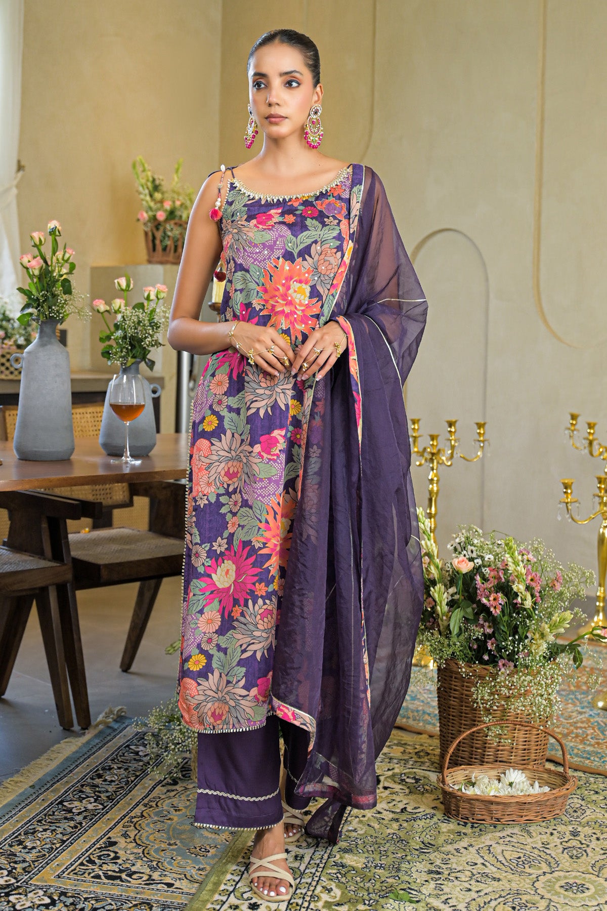 Purple Chinon Gotapatti Straight Cut Suit Set