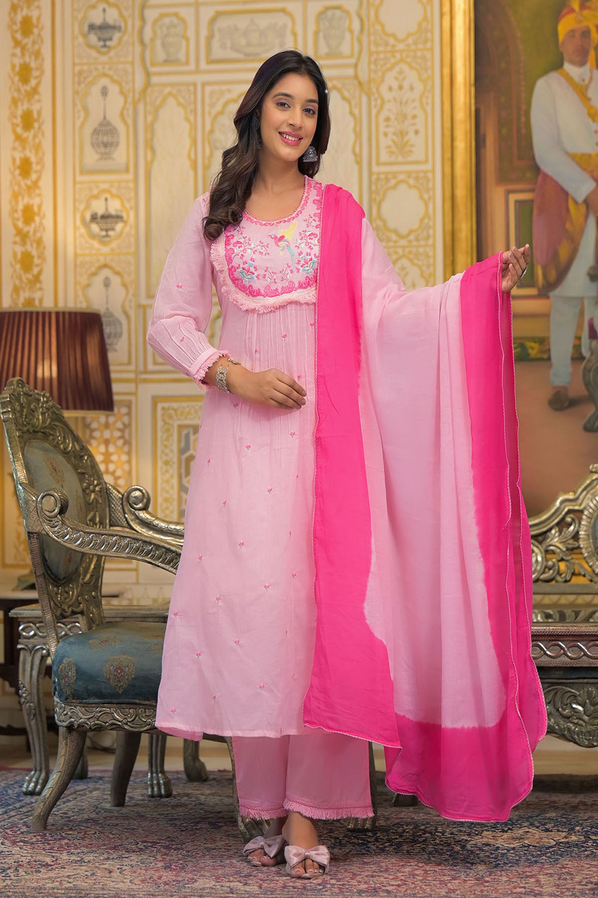 Pink Cotton Embroidered Anarkali Suit
