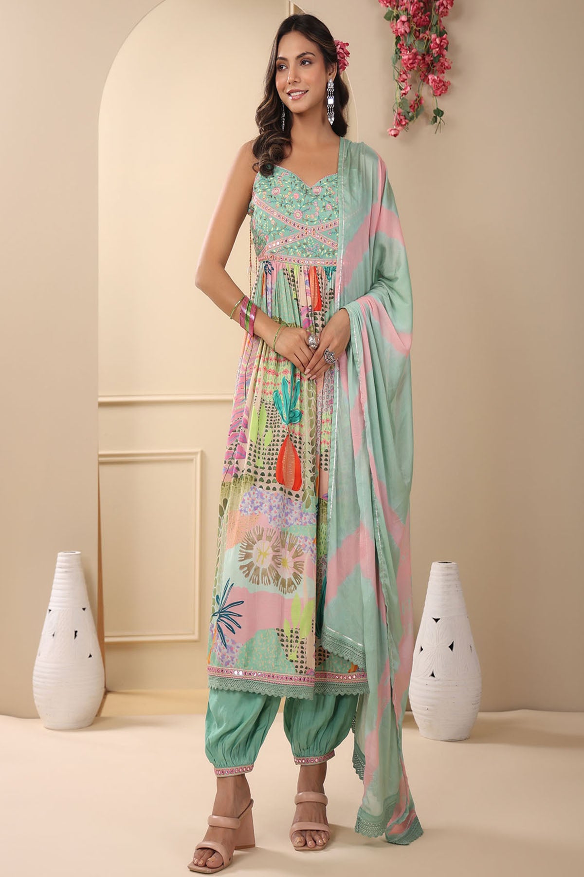Green Muslin Embroidered Flared Suit Set