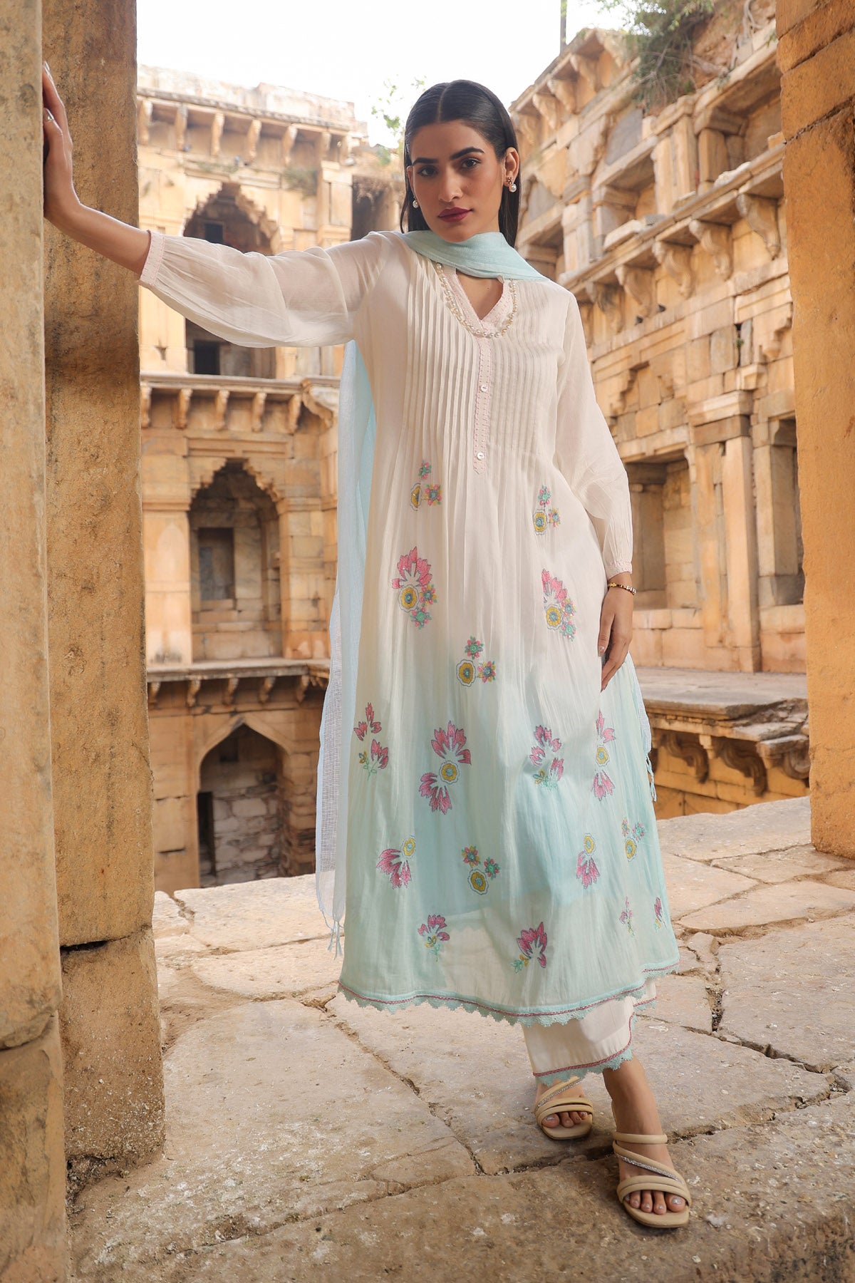 WHITE MULMUL A -LINE KURTA WITH PANT AND DUPATTA