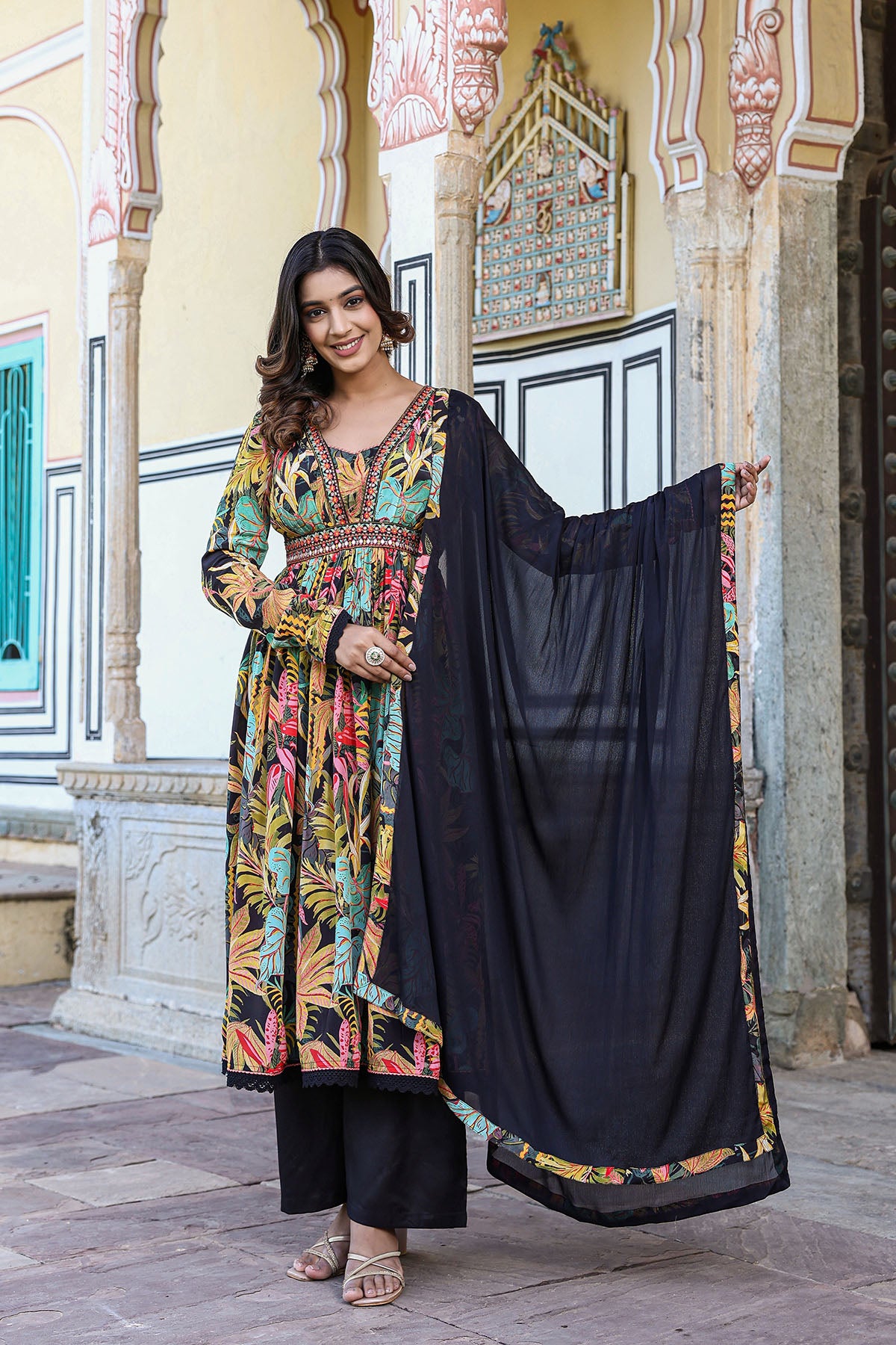 Black Floral Viscose Crepe Anarkali Suit
