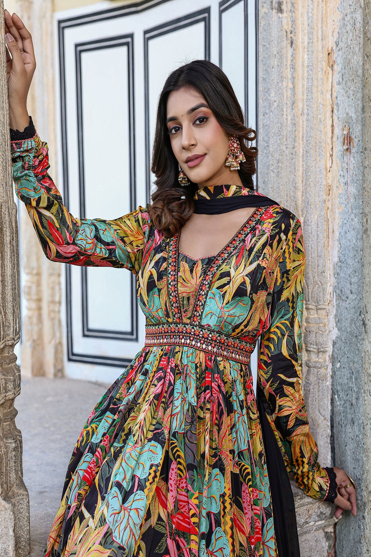 Black Floral Viscose Crepe Anarkali Suit