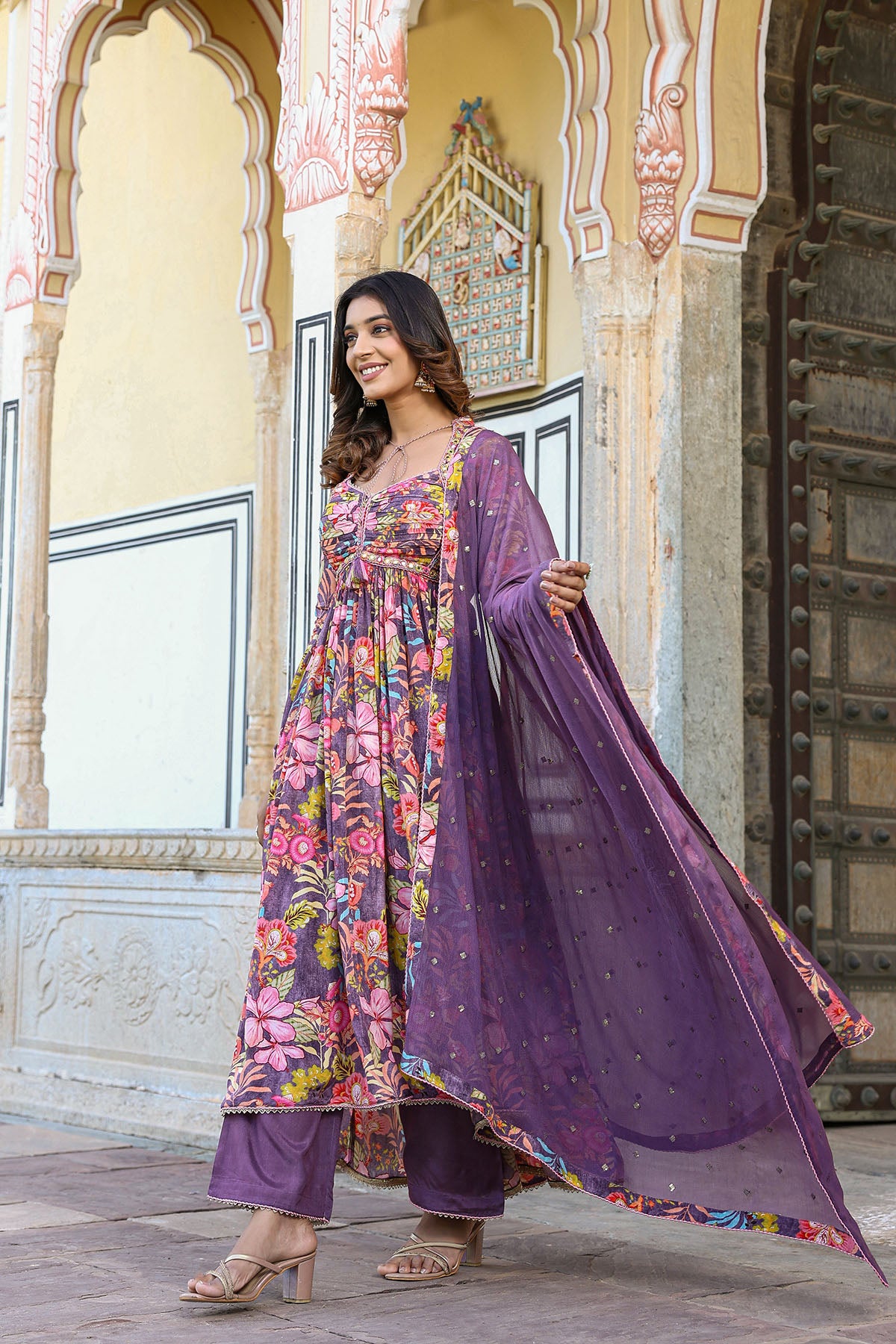 Purple Floral Viscose Crepe Printed Anarkali Suit