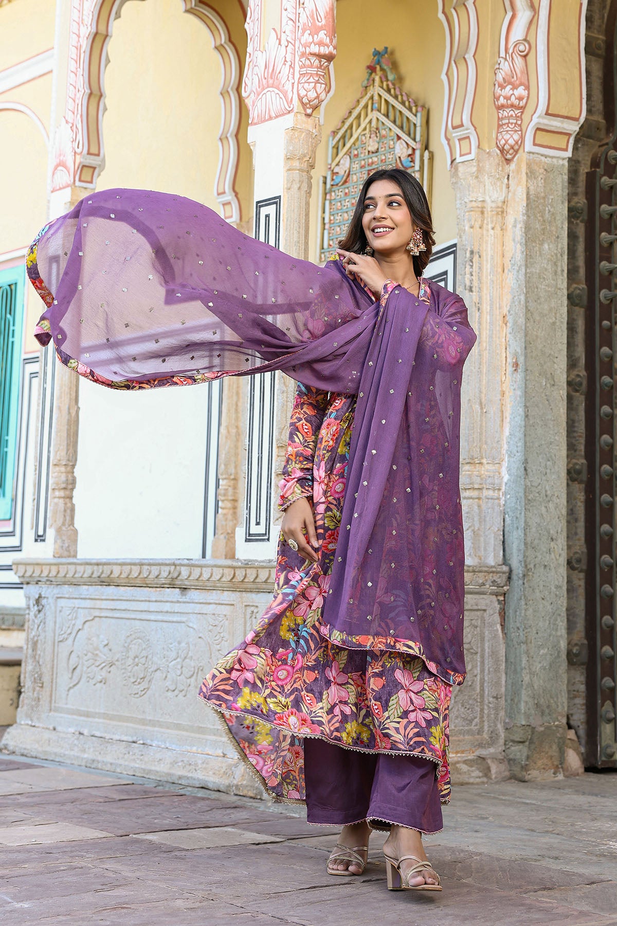 Purple Floral Viscose Crepe Printed Anarkali Suit