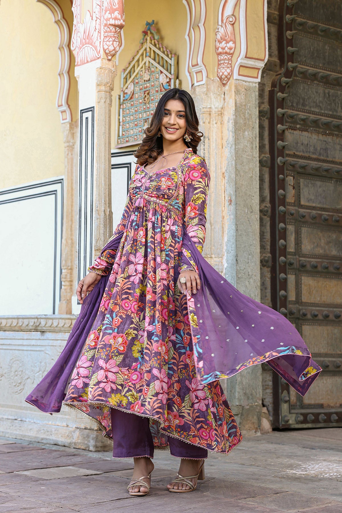 Purple Floral Viscose Crepe Printed Anarkali Suit