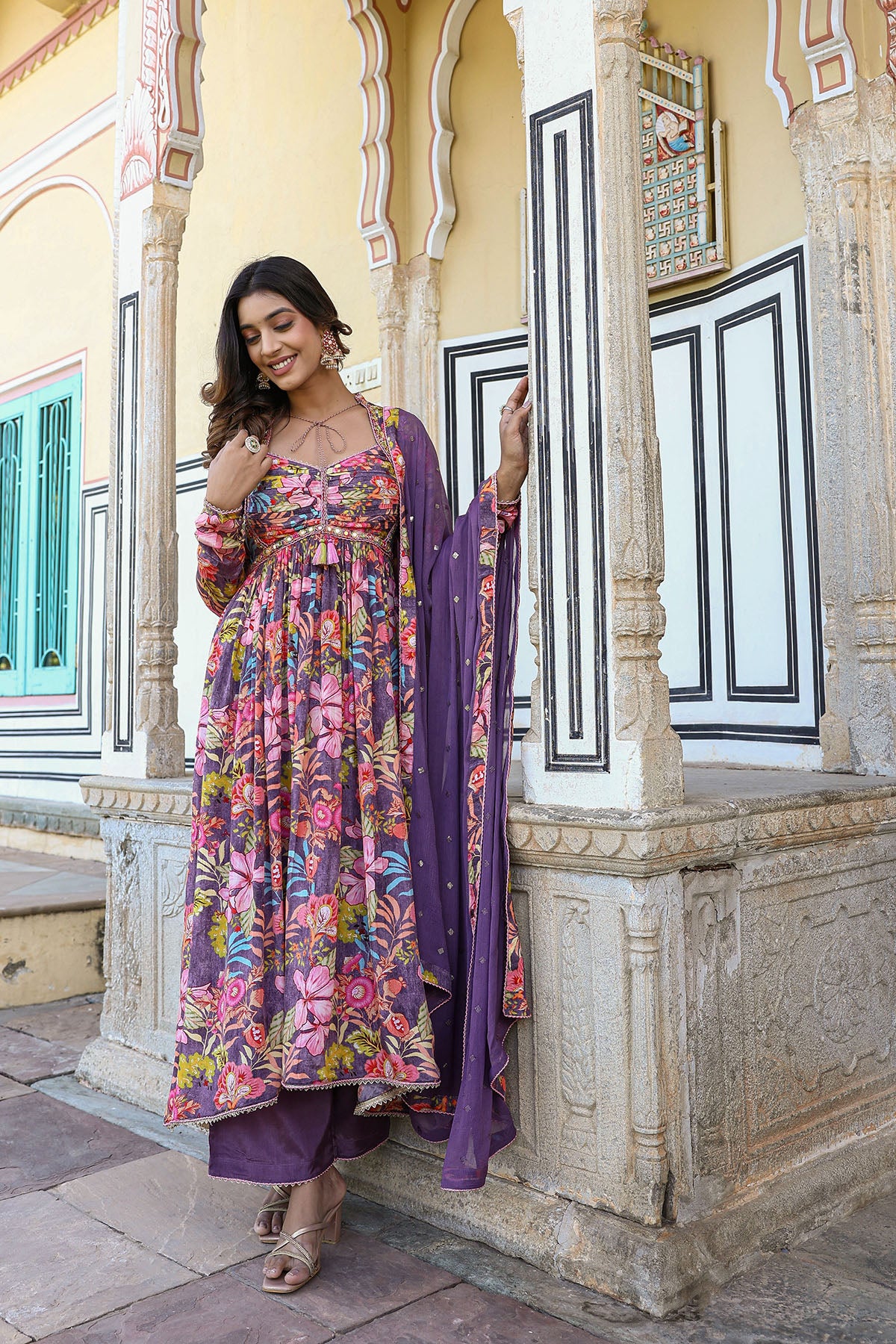 Purple Floral Viscose Crepe Printed Anarkali Suit