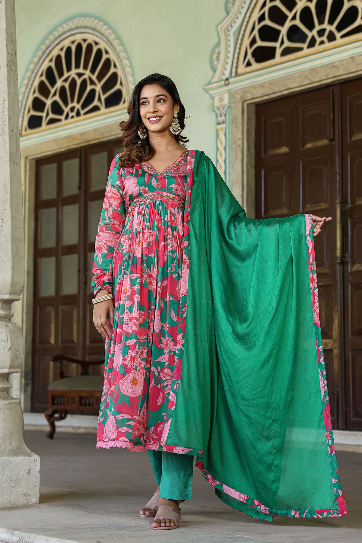 Pink Floral Chinon Handwork Anarkali Suit