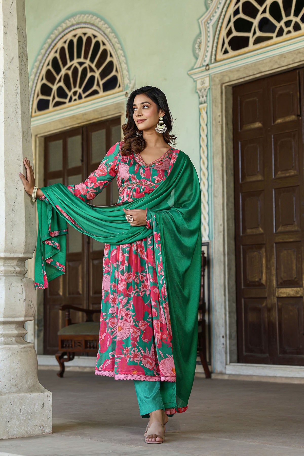 Pink Floral Chinon Handwork Anarkali Suit