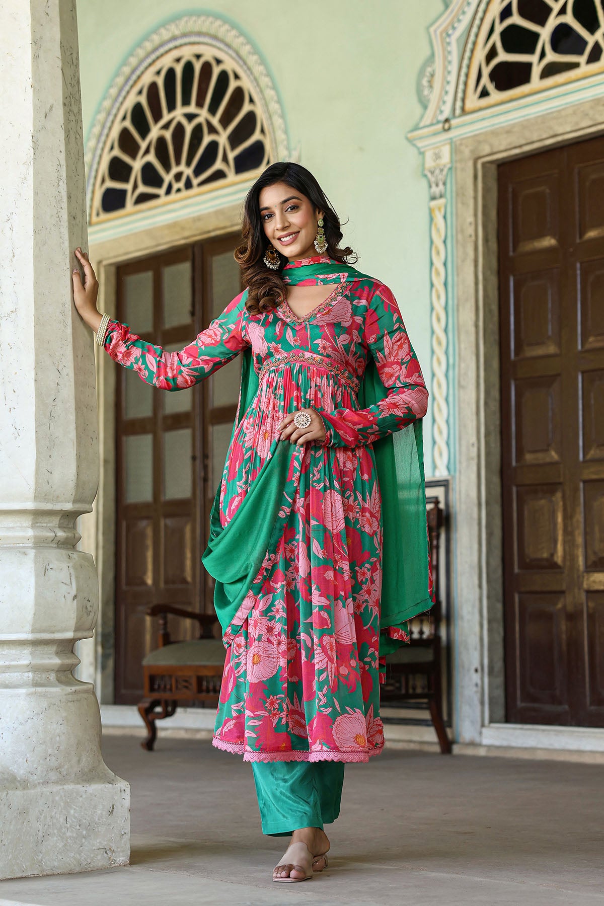 Pink Floral Chinon Handwork Anarkali Suit