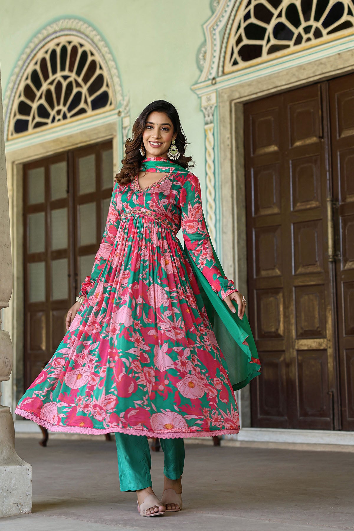 Pink Floral Chinon Handwork Anarkali Suit