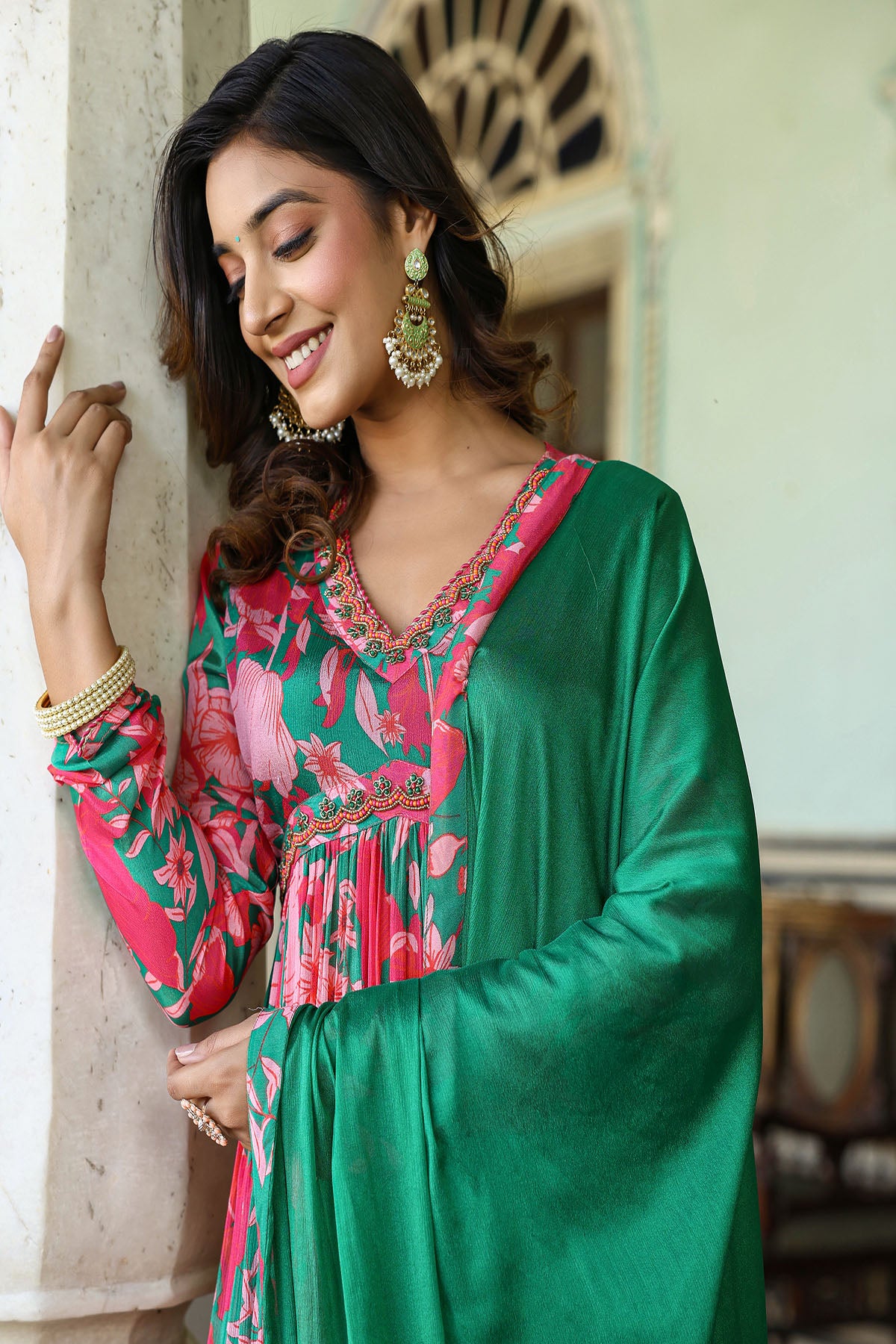 Pink Floral Chinon Handwork Anarkali Suit