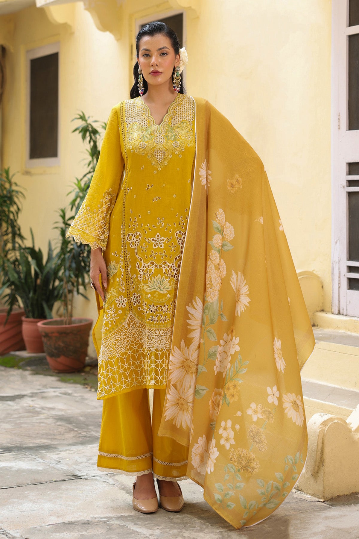 Mustard Yellow Mal Chanderi Embroidered Straight Suit Set With Dupatta