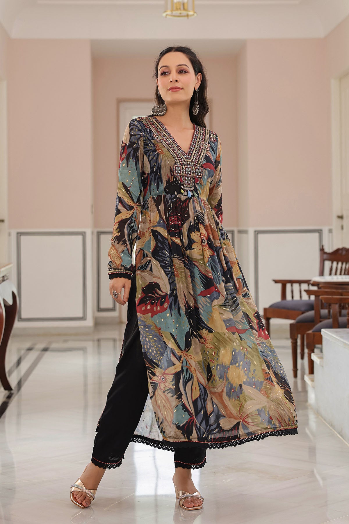 Black Floral Chinon Embroidered Anarkali Suit