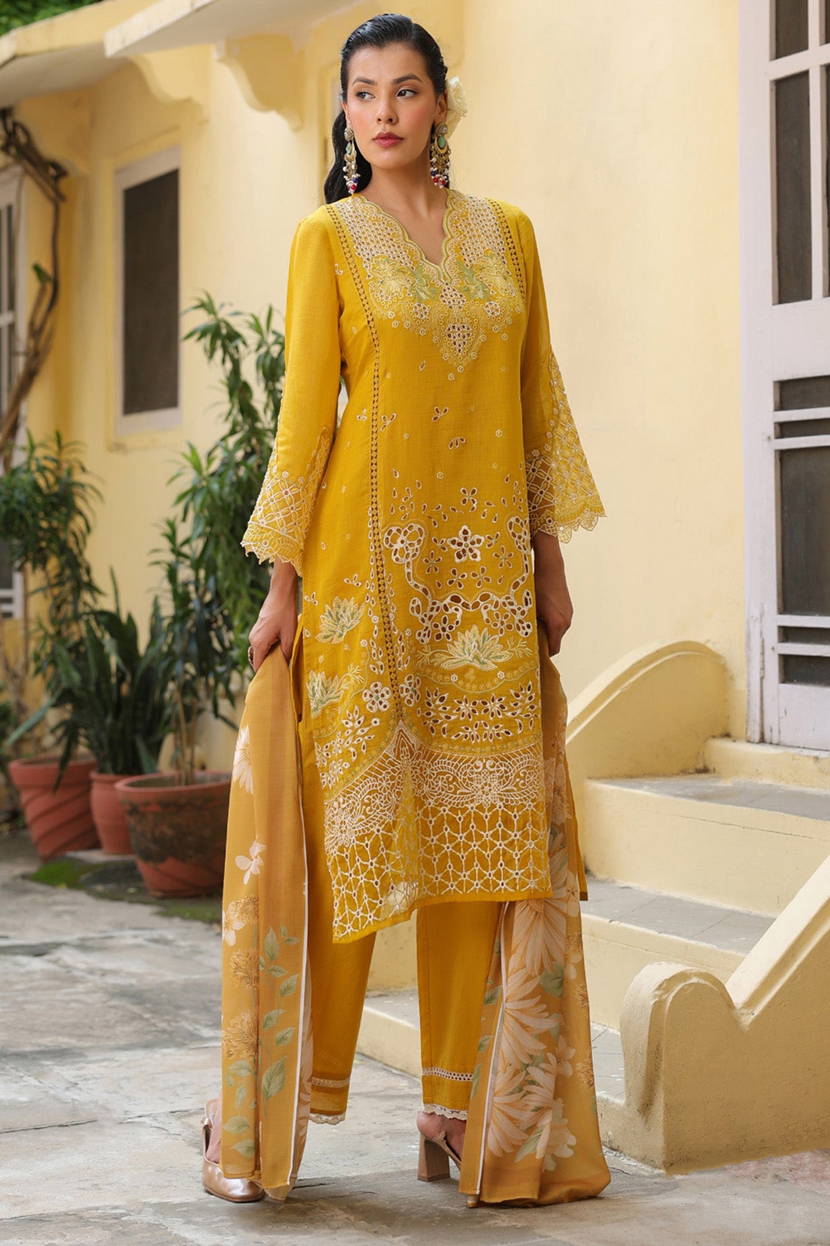 Mustard Yellow Mal Chanderi Embroidered Straight Suit Set With Dupatta
