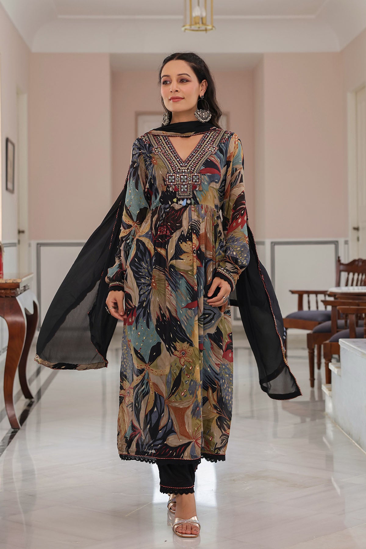 Black Floral Chinon Embroidered Anarkali Suit