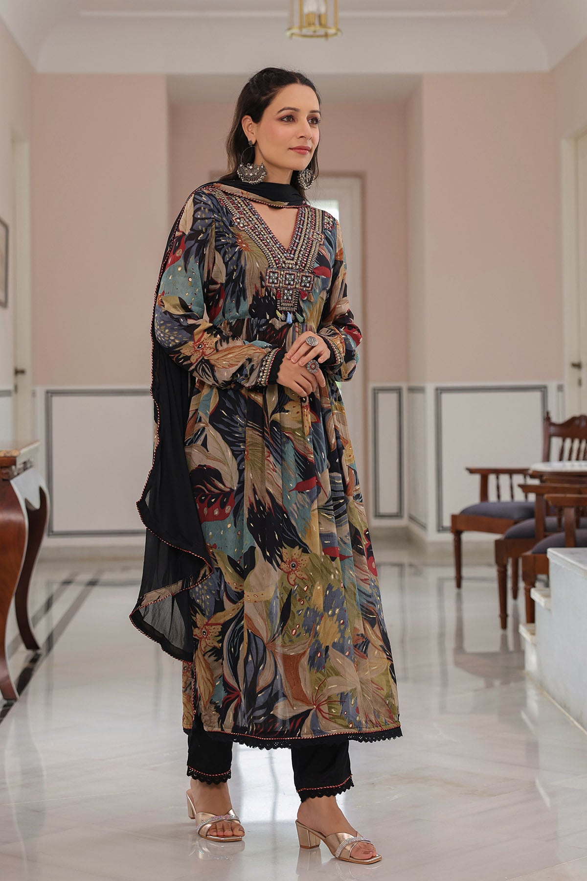 Black Floral Chinon Embroidered Anarkali Suit
