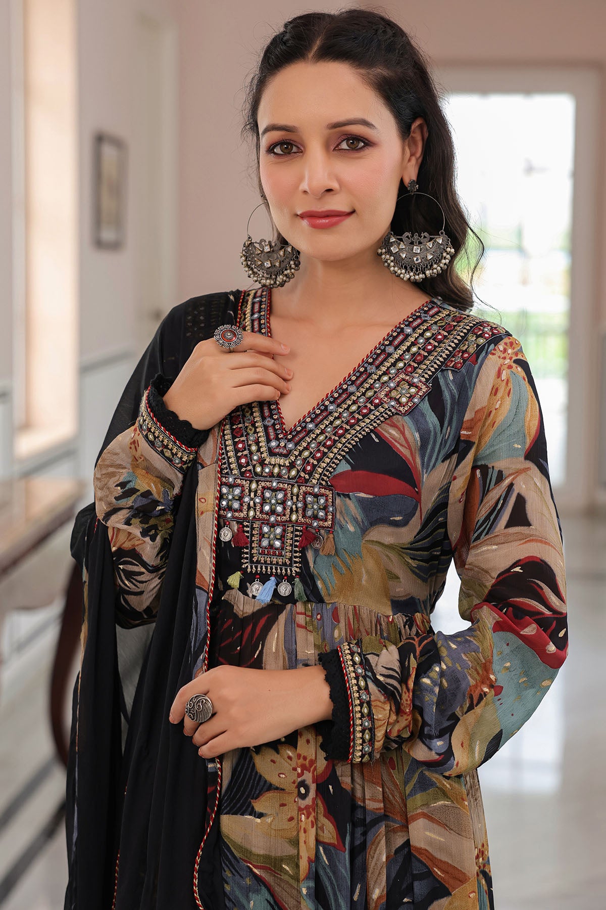 Black Floral Chinon Embroidered Anarkali Suit