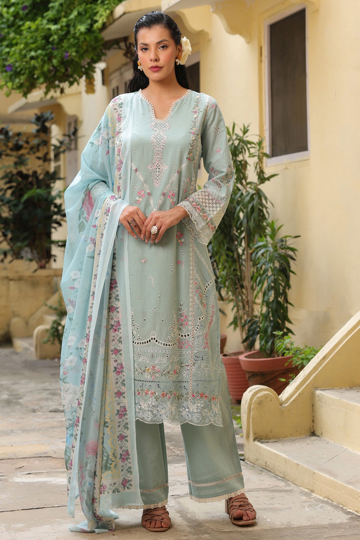 Pistachio Green Cotton Embroidered Straight Suit Set With Dupatta