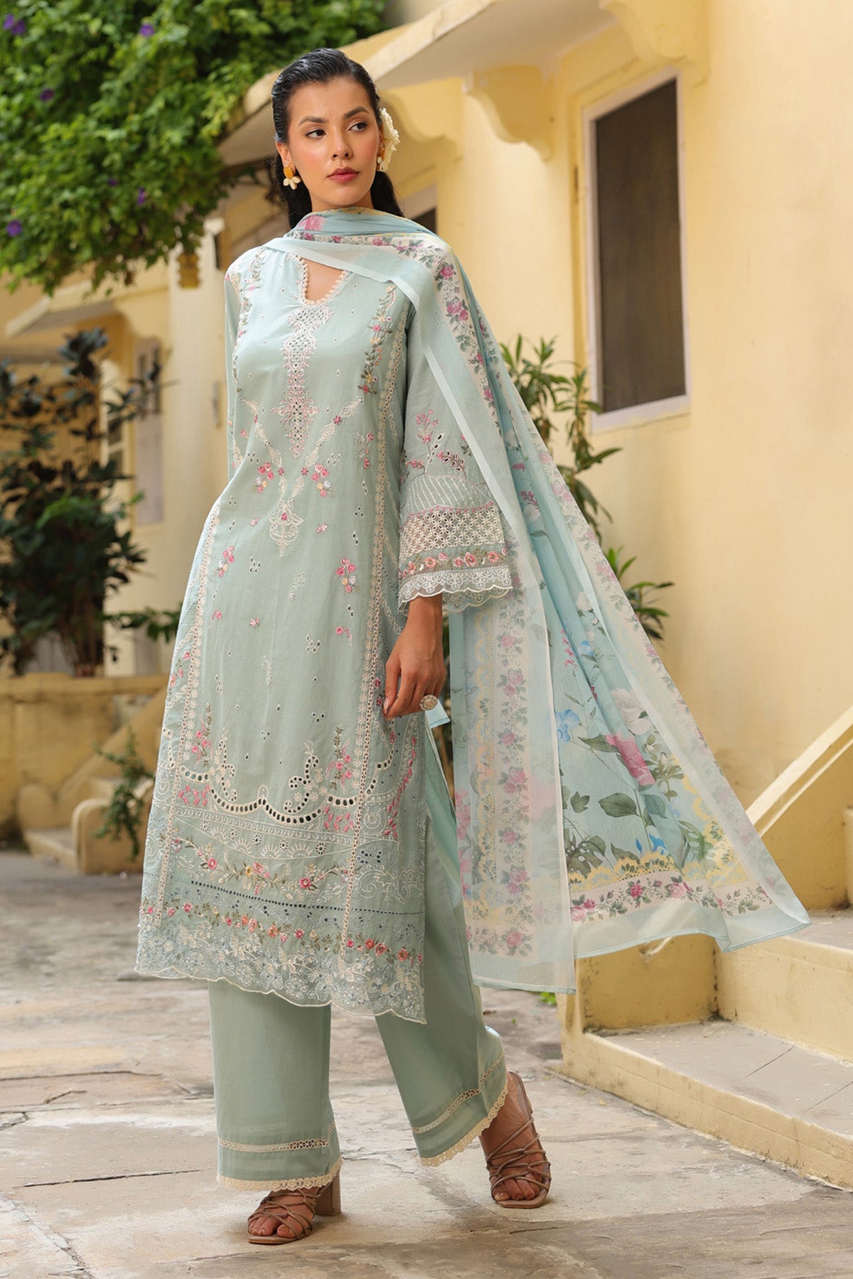 Pistachio Green Cotton Embroidered Straight Suit Set With Dupatta