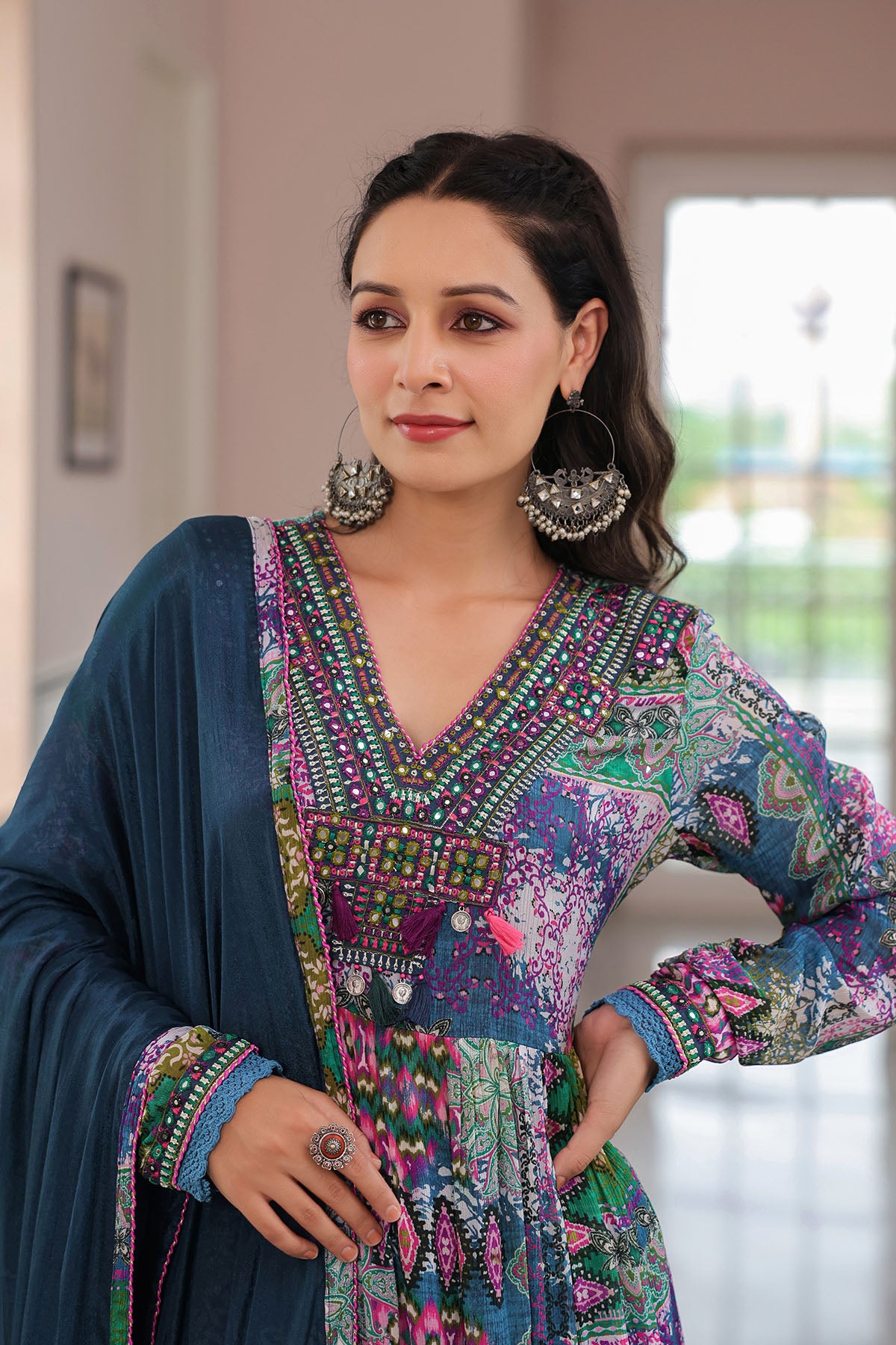Blue Multicolor Chinon Embroidered Anarkali Suit
