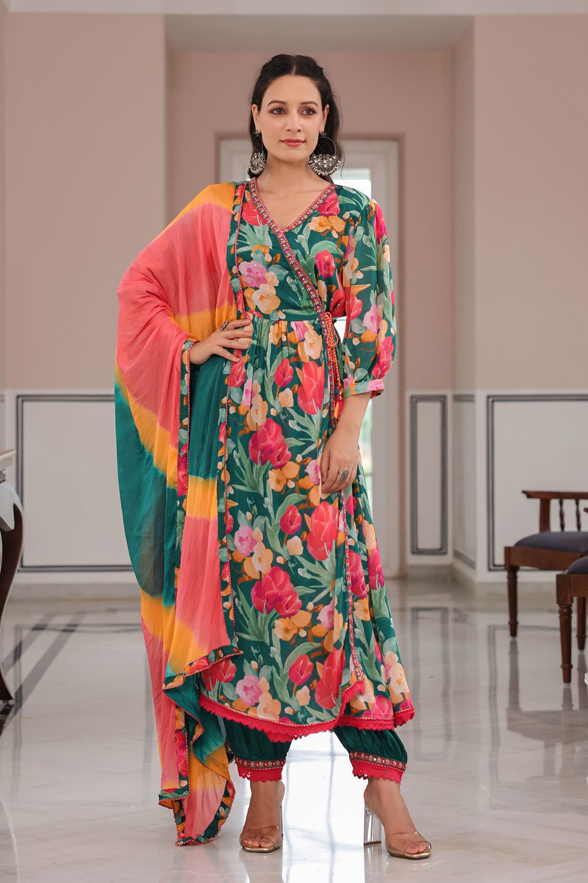Green Floral Embroidered Anarkali Suit