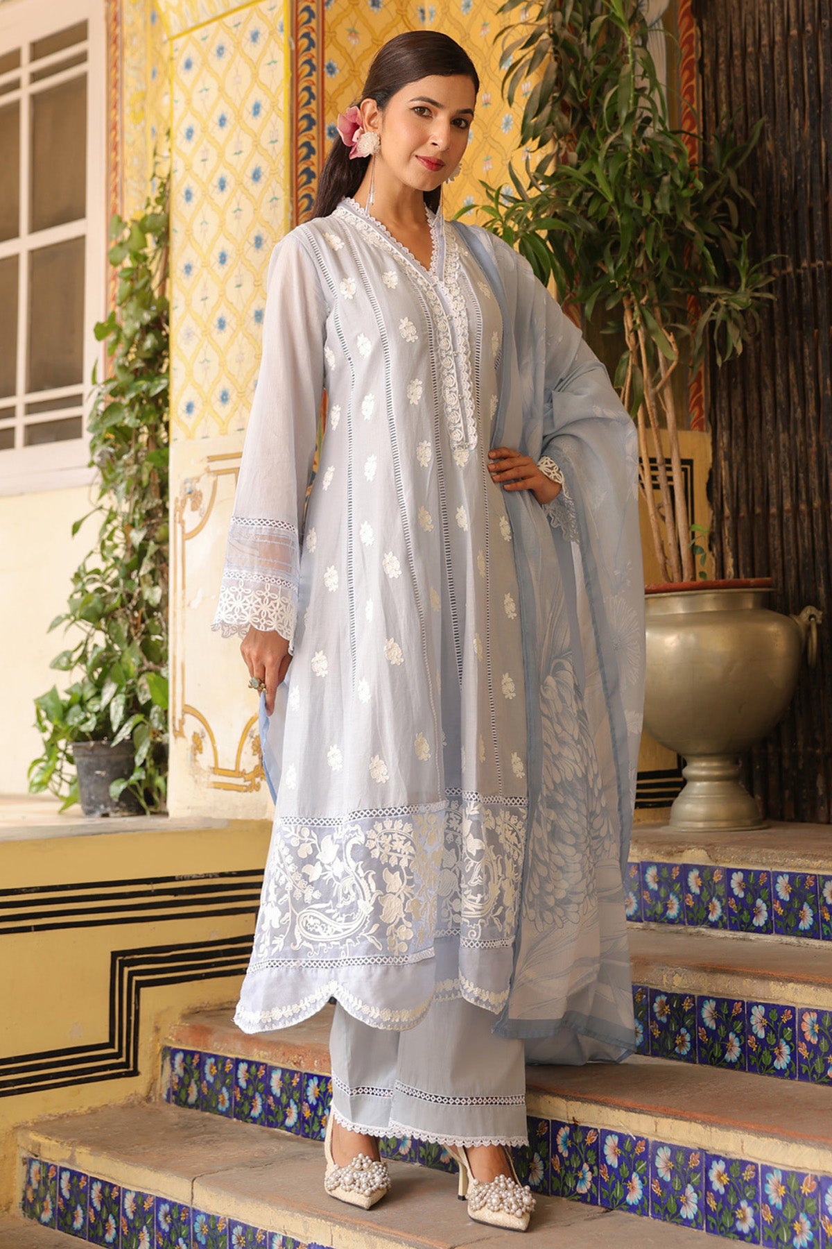 Powder Blue Mal Cotton Embroidered Anarkali Suit Set With Dupatta