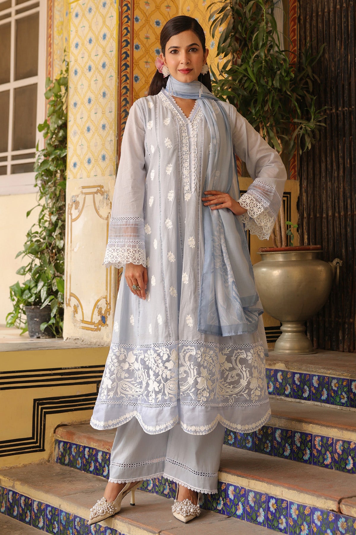 Powder Blue Mal Cotton Embroidered Anarkali Suit Set With Dupatta