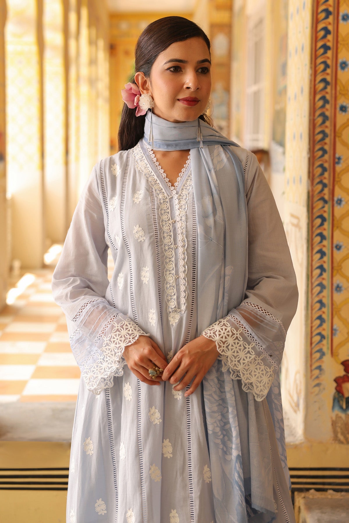 Powder Blue Mal Cotton Embroidered Anarkali Suit Set With Dupatta