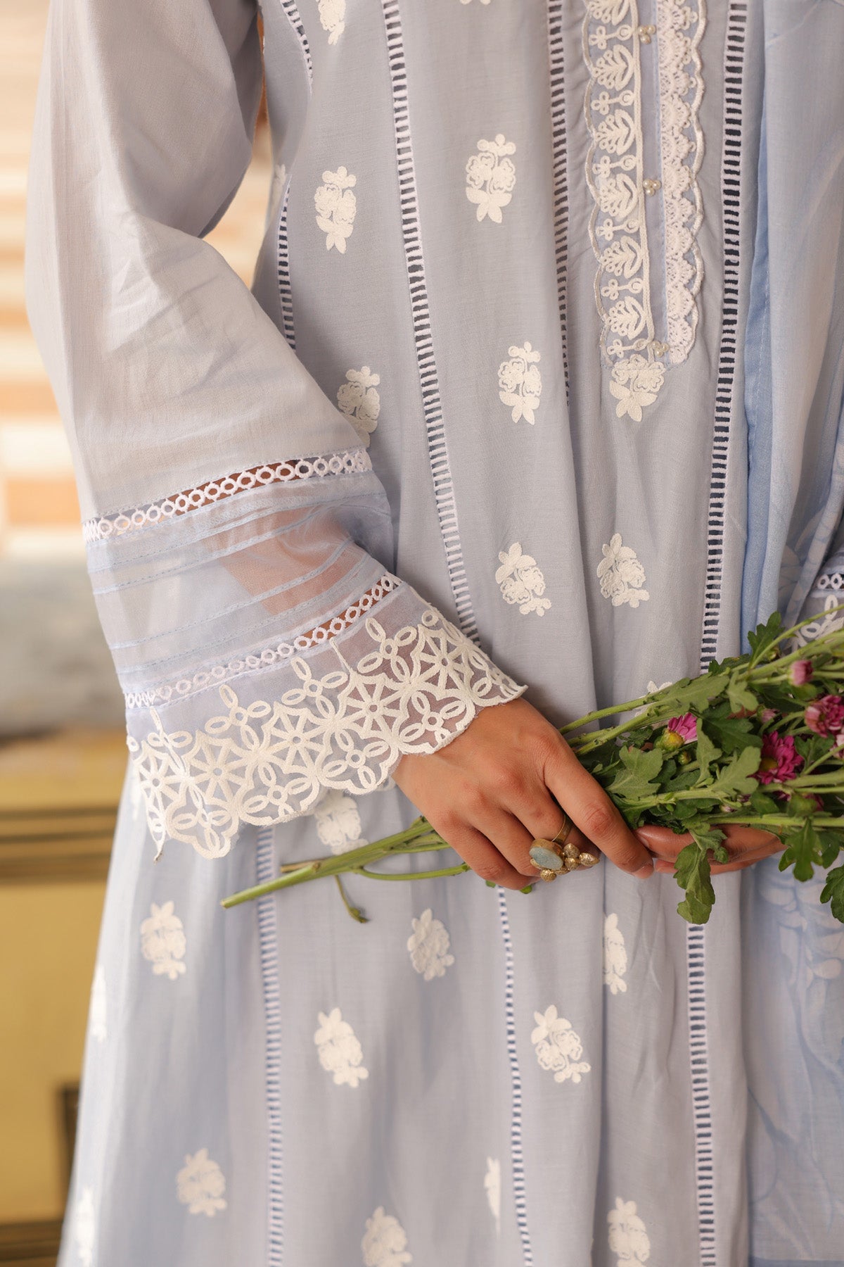 Powder Blue Mal Cotton Embroidered Anarkali Suit Set With Dupatta