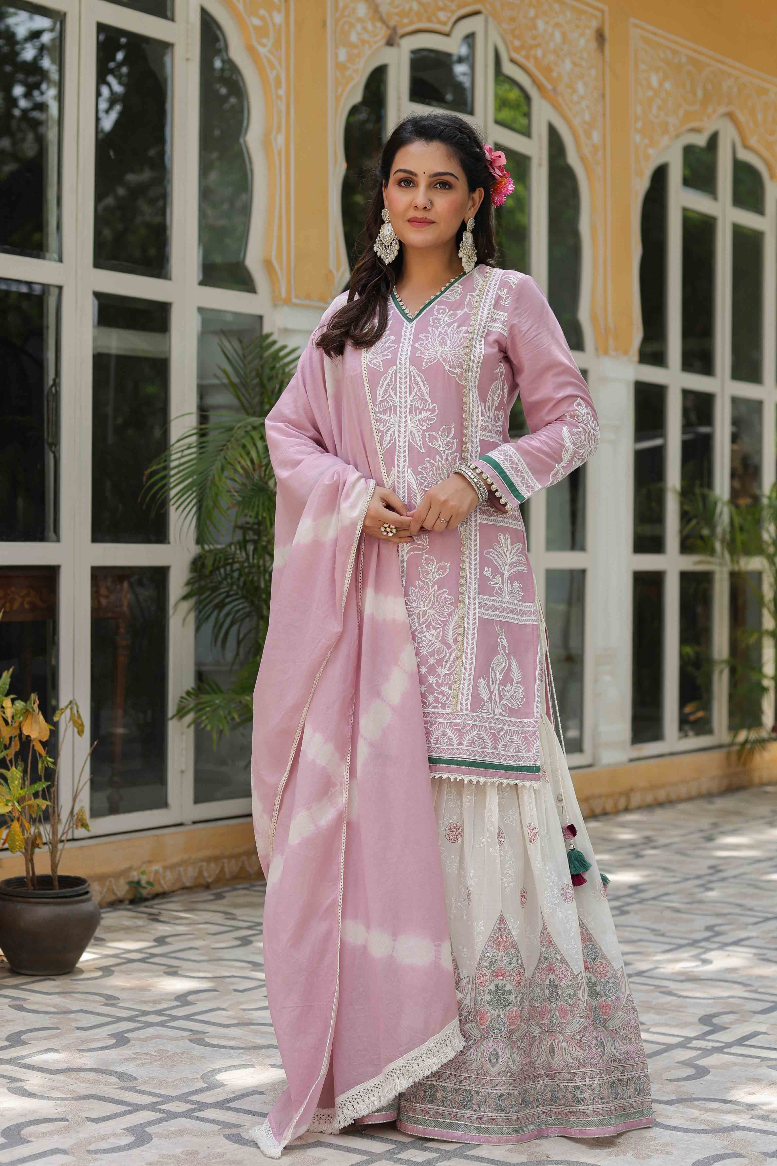 Pink Cotton Embroidered Sharara Set