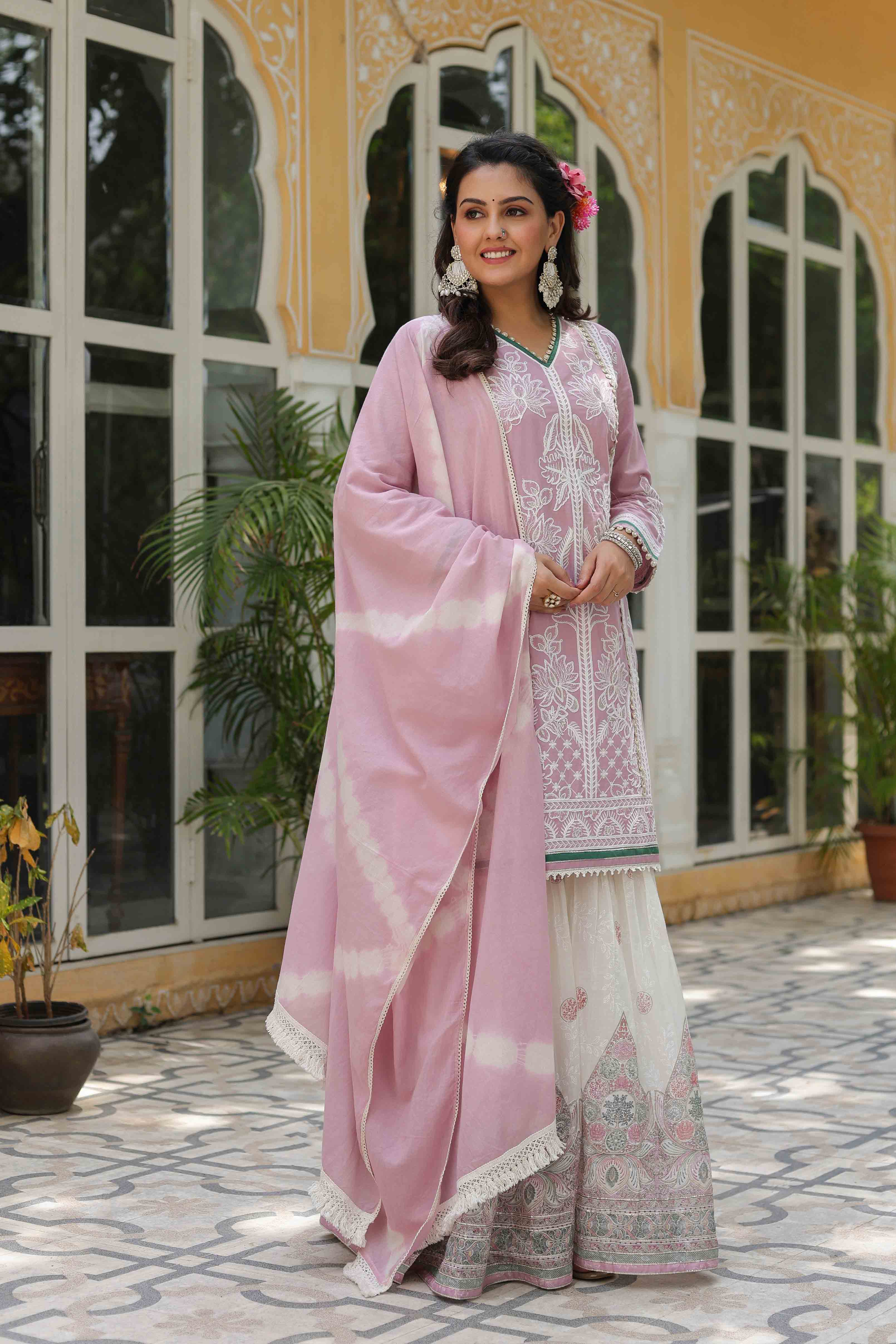Pink Cotton Embroidered Sharara Set