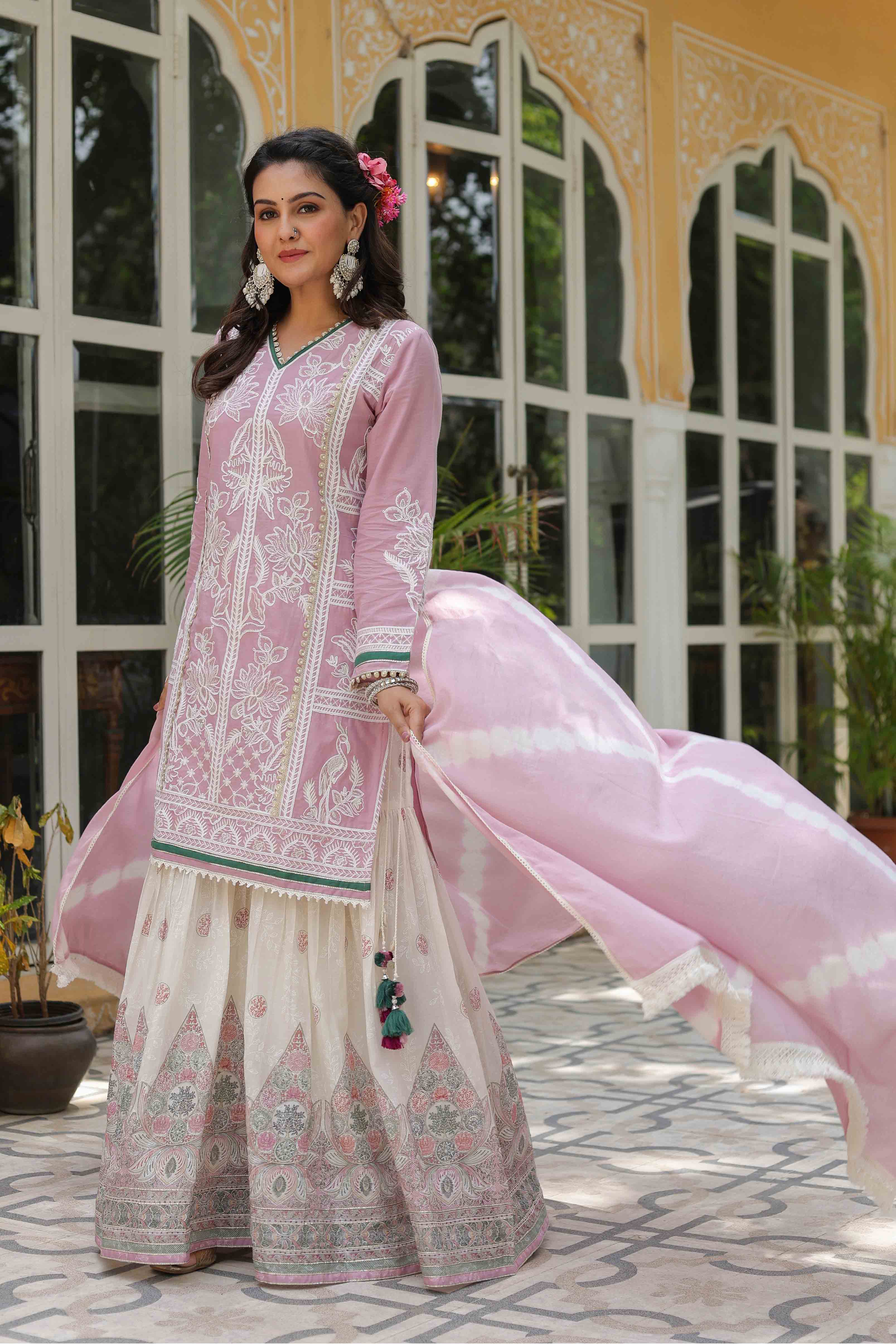Pink Cotton Embroidered Sharara Set
