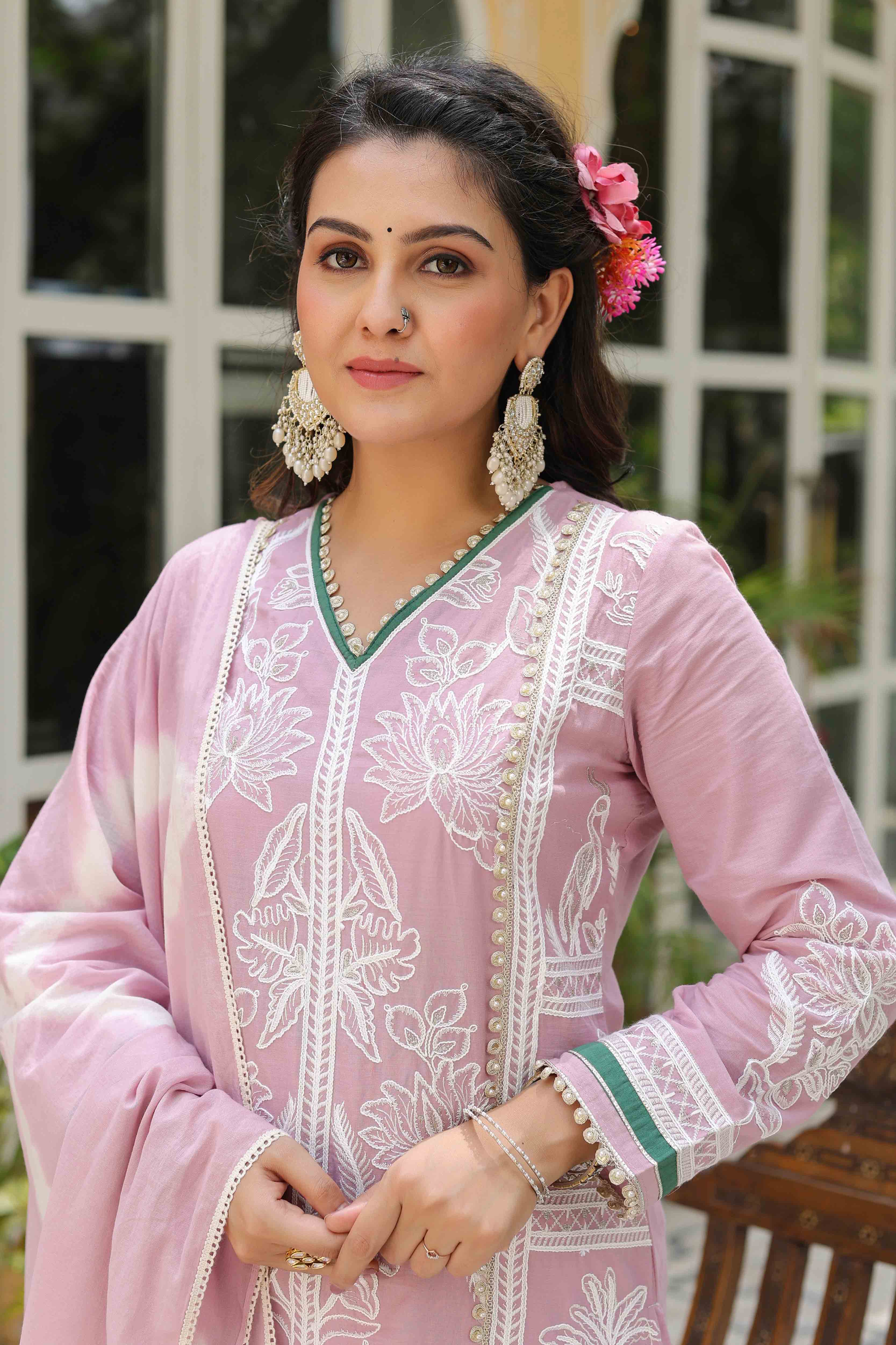 Pink Cotton Embroidered Sharara Set