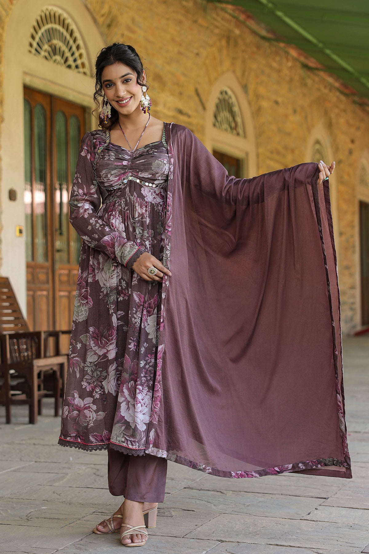 Mauve Floral Chinon Anarkali Suit