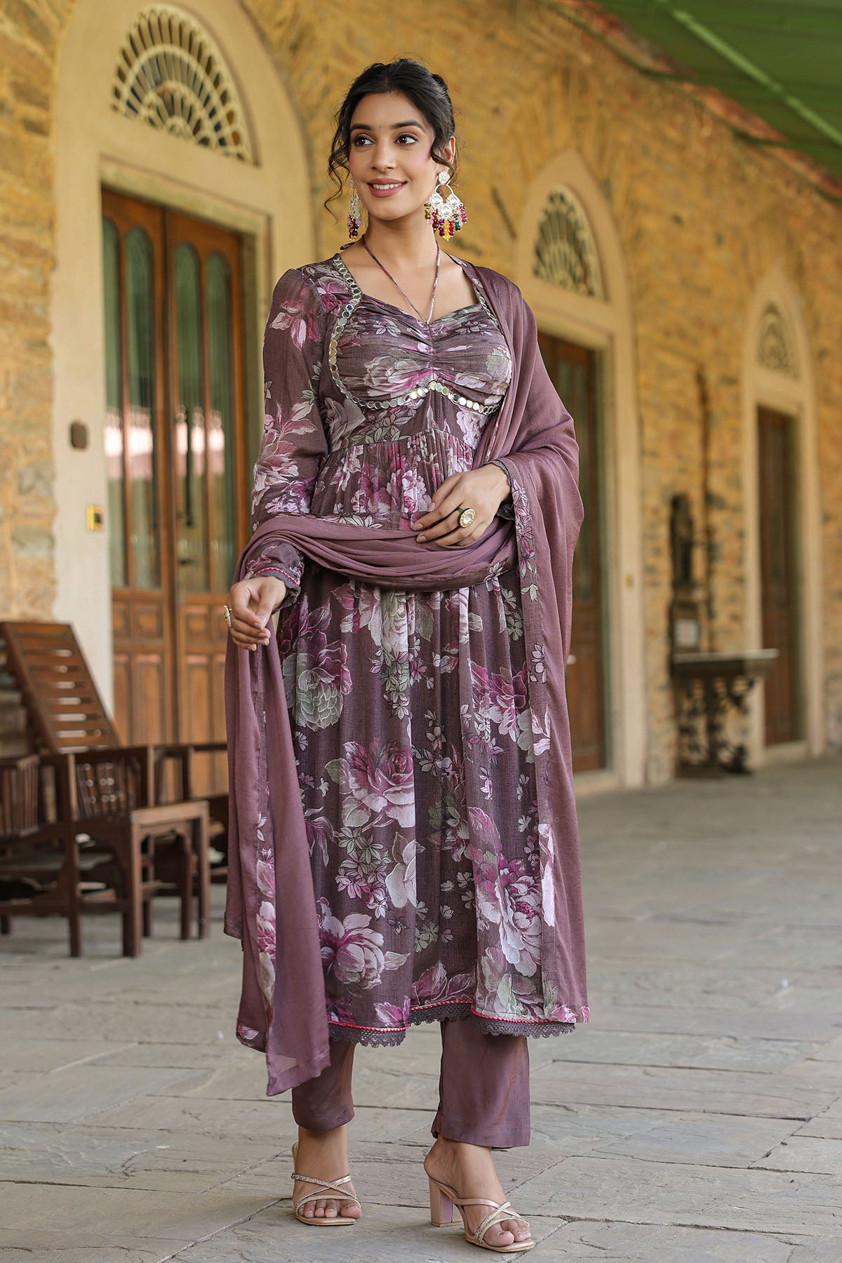 Mauve Floral Chinon Anarkali Suit