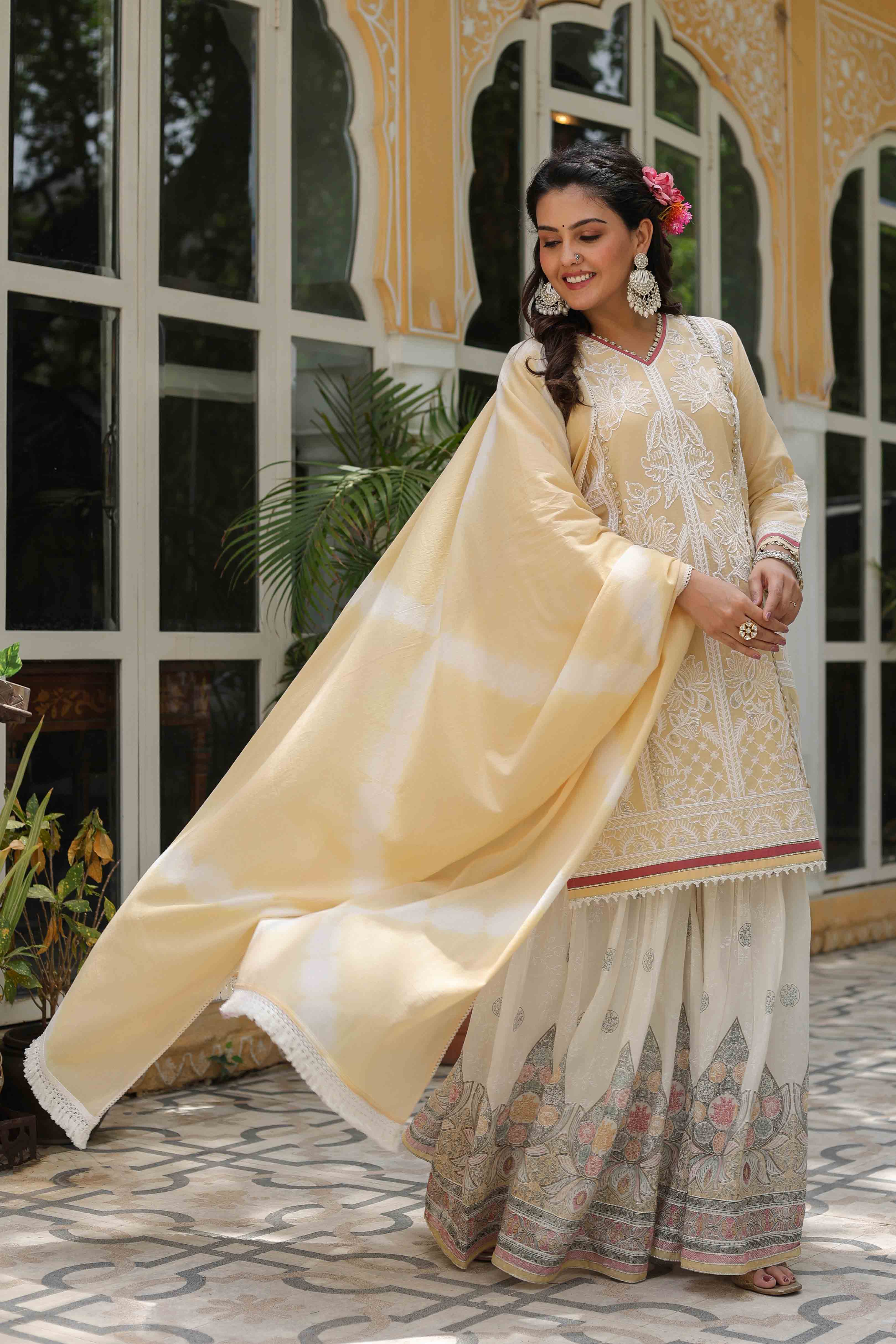Yellow Cotton Embroidered Sharara Set