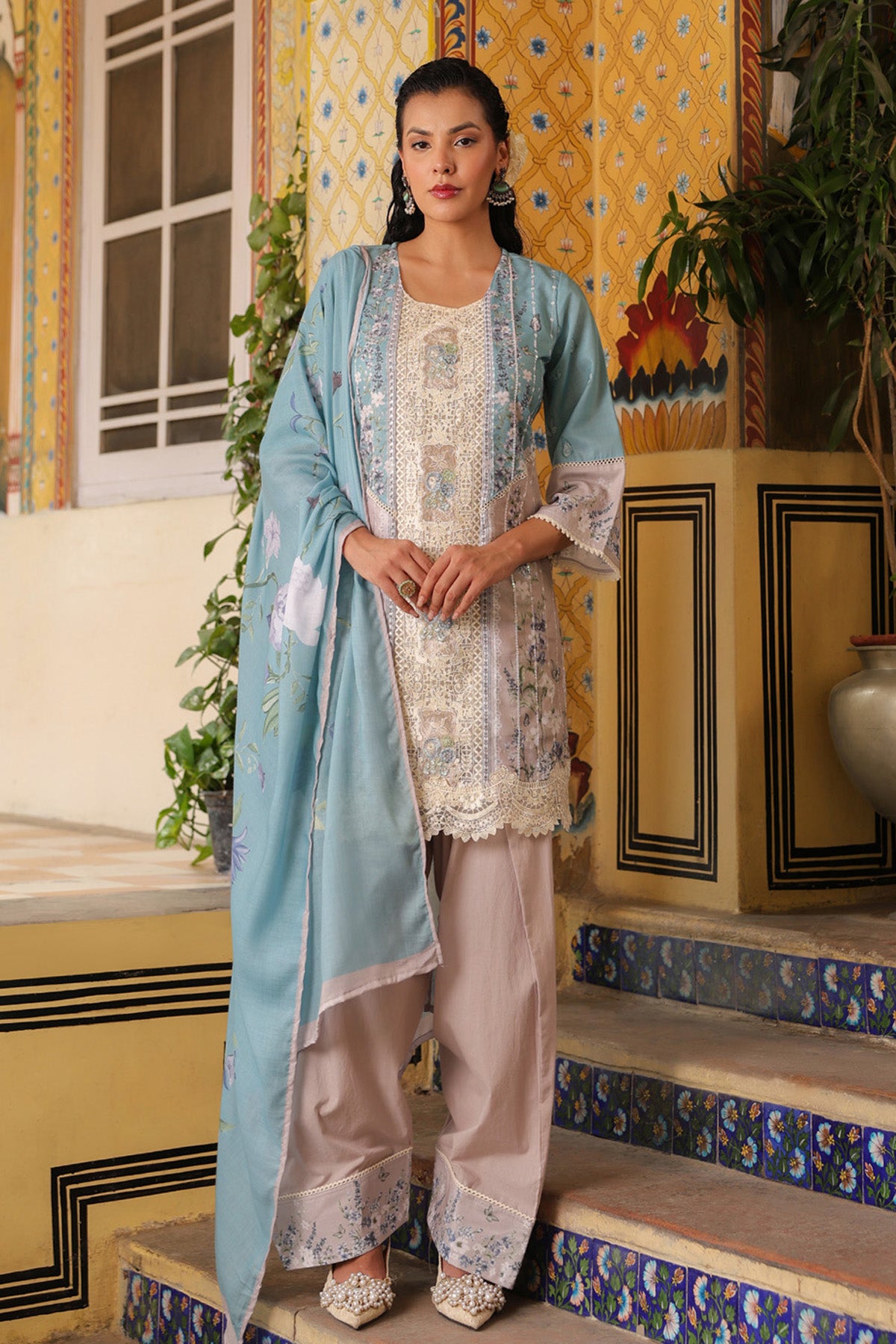 Blue Cotton Embroidered Farshi Suit Set With Dupatta