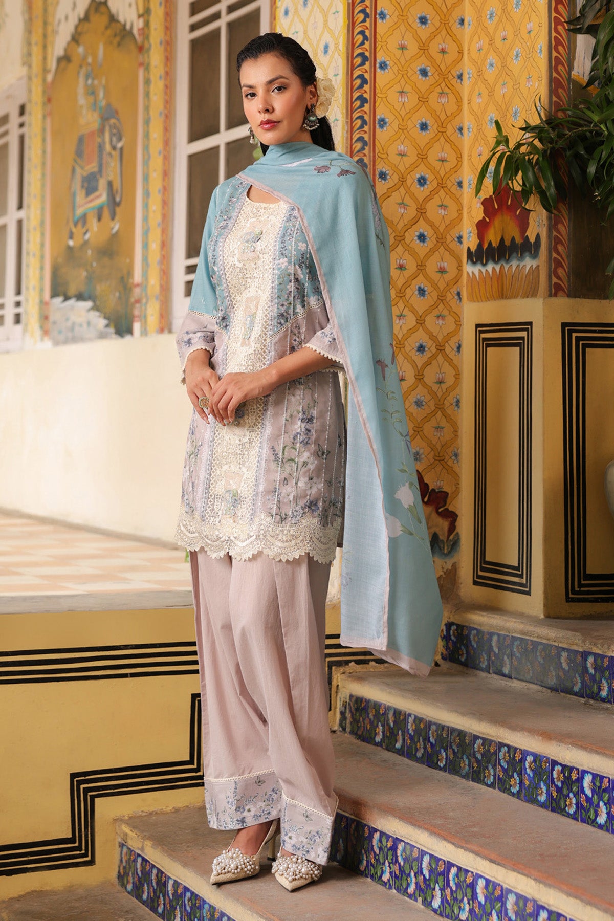 Blue Cotton Embroidered Farshi Suit Set With Dupatta