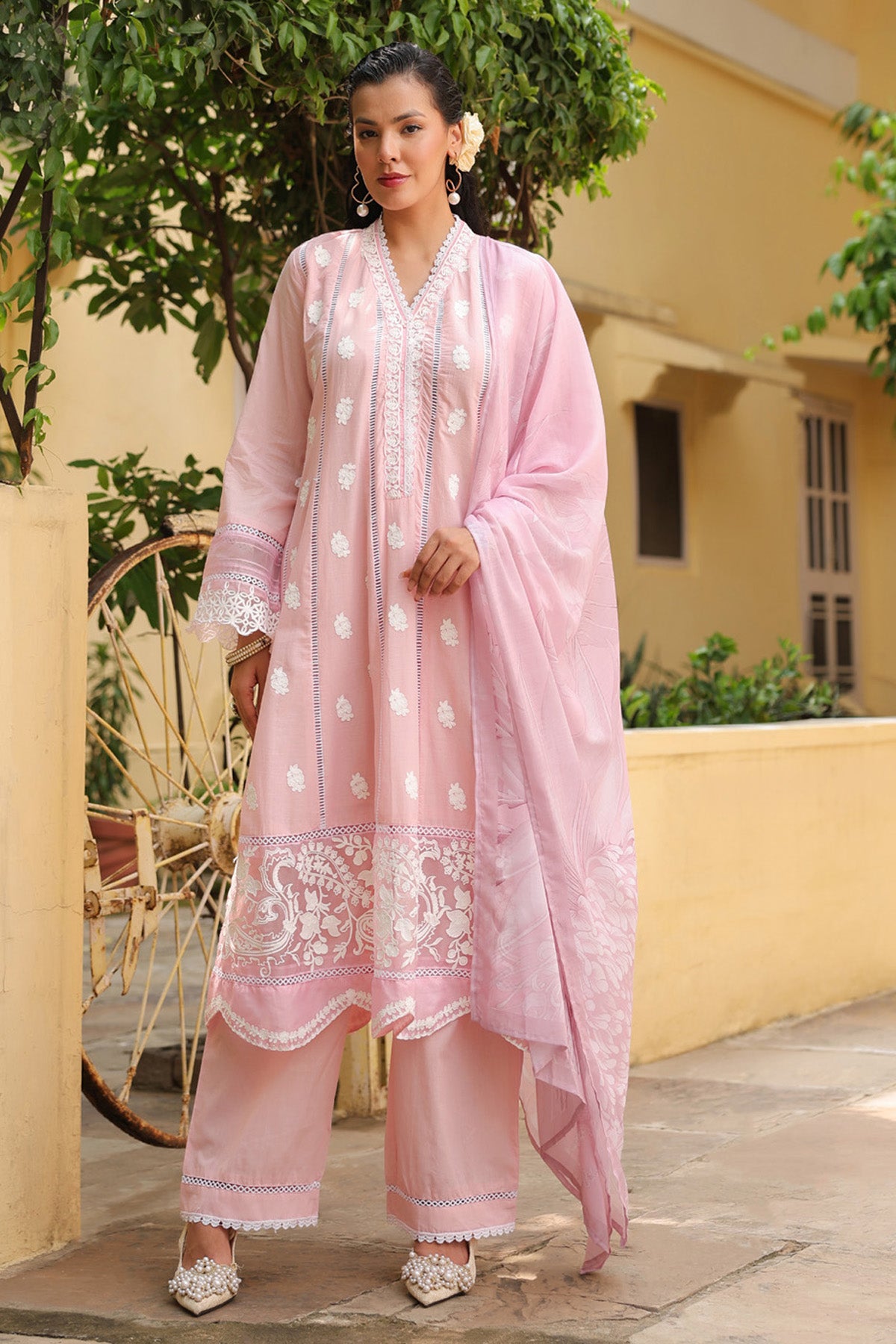 Pastel Pink Mal Cotton Embroidered Anarkali Suit Set With Dupatta