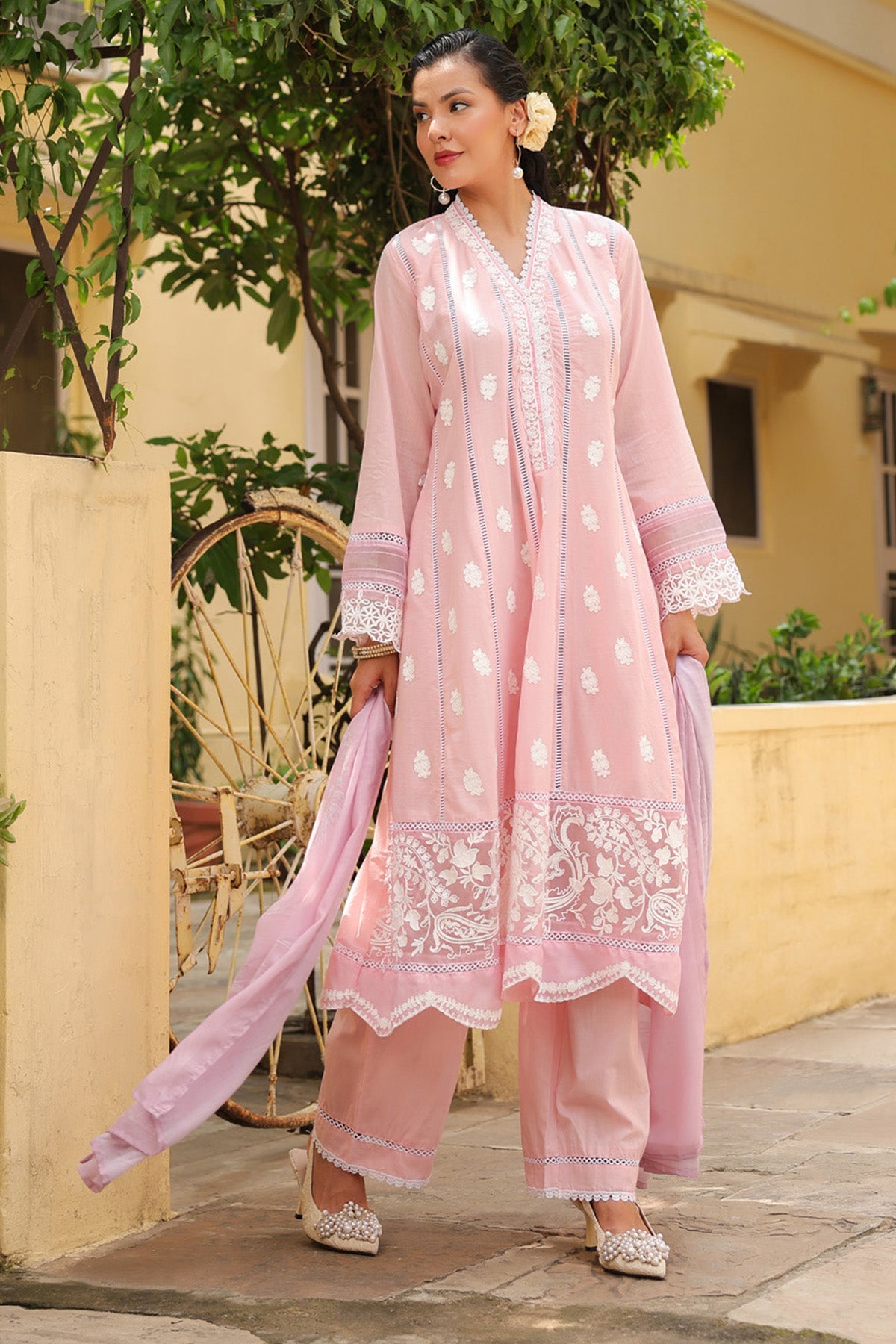 Pastel Pink Mal Cotton Embroidered Anarkali Suit Set With Dupatta
