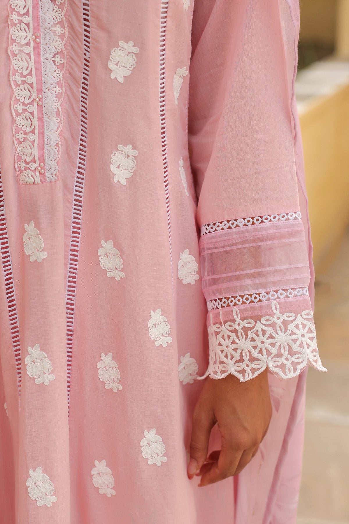 Pastel Pink Mal Cotton Embroidered Anarkali Suit Set With Dupatta