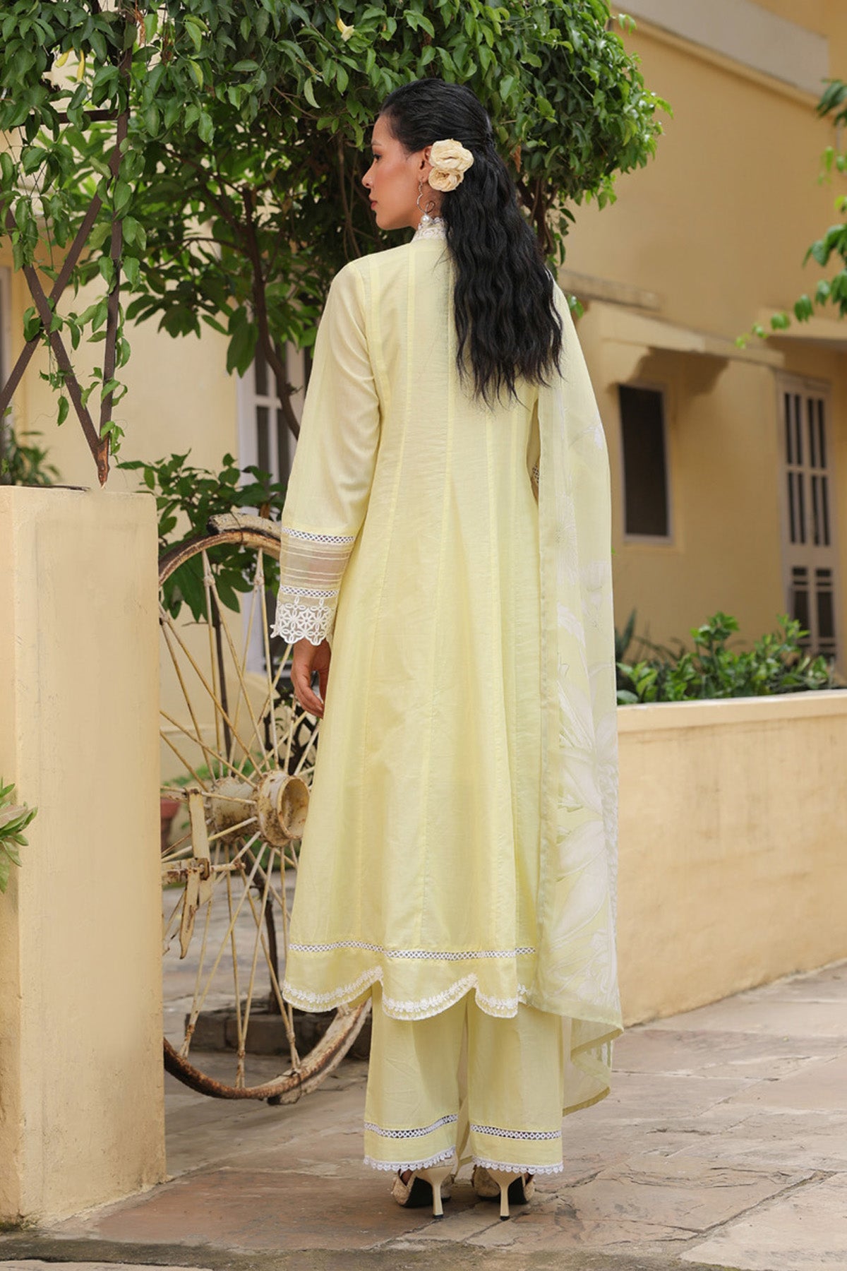 Pastel Yellow Mal Cotton Embroidered Anarkali Suit Set With Dupatta