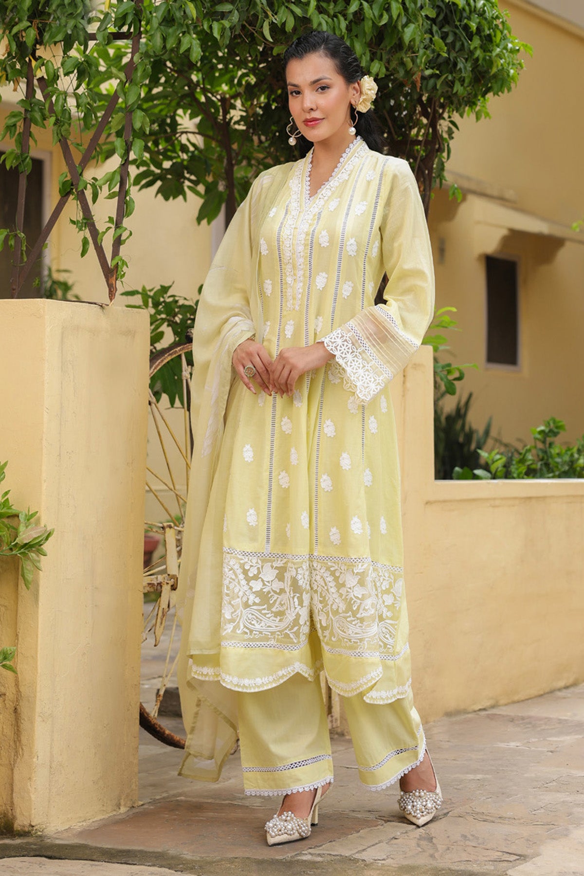Pastel Yellow Mal Cotton Embroidered Anarkali Suit Set With Dupatta