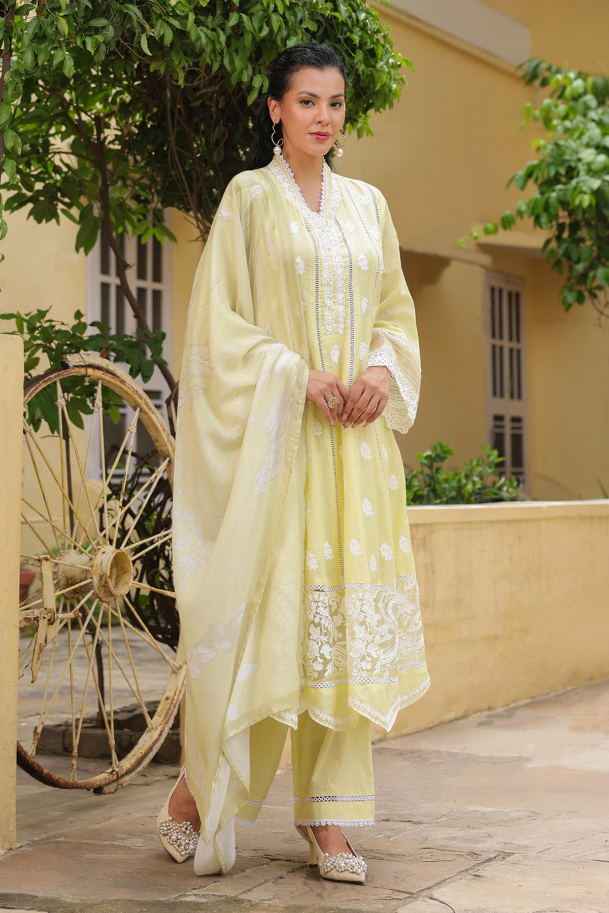 Pastel Yellow Mal Cotton Embroidered Anarkali Suit Set With Dupatta