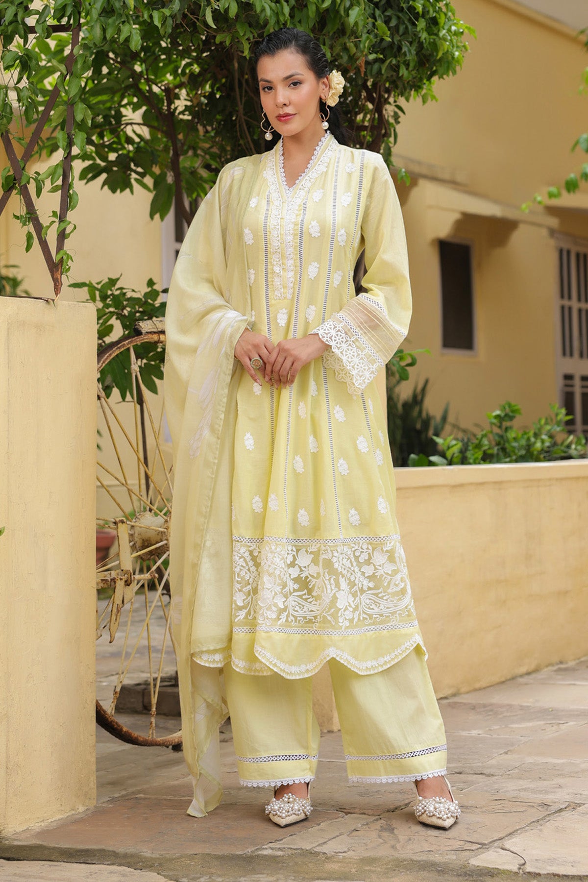 Pastel Yellow Mal Cotton Embroidered Anarkali Suit Set With Dupatta